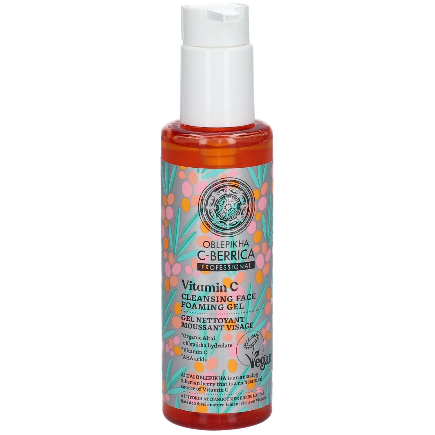 Flacon transparent avec gel orange. Tête de pompe blanche. Inscription: Oblepikha C-Berrica, Vitamin C, Gel Nettoyant Moussant Visage.