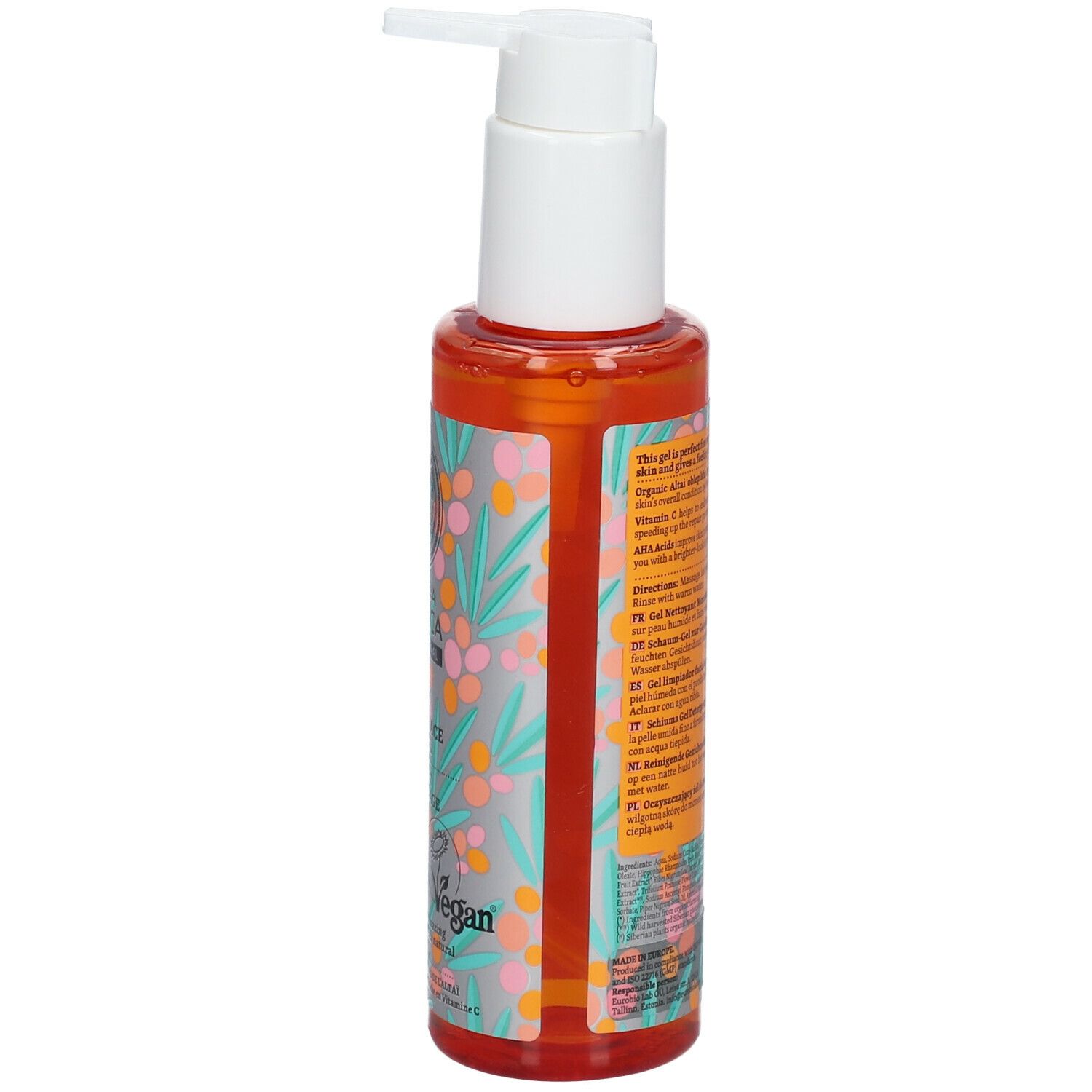 Flacon avec gel orange. Tête de pompe blanche. Informations produit au dos, en plusieurs langues. Logo Vegan.