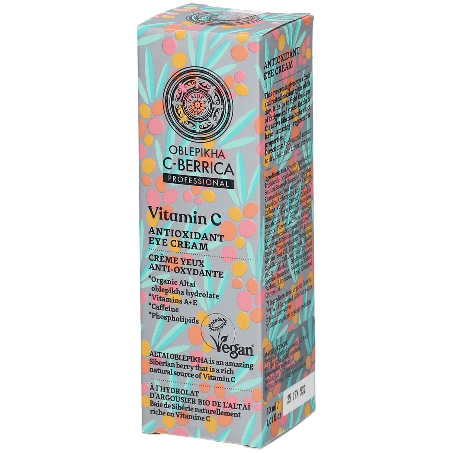 Verpakking met productnaam en ingrediënten. Vegan-zegel. Tekst: Vitamin C Antioxidant Eye Cream.