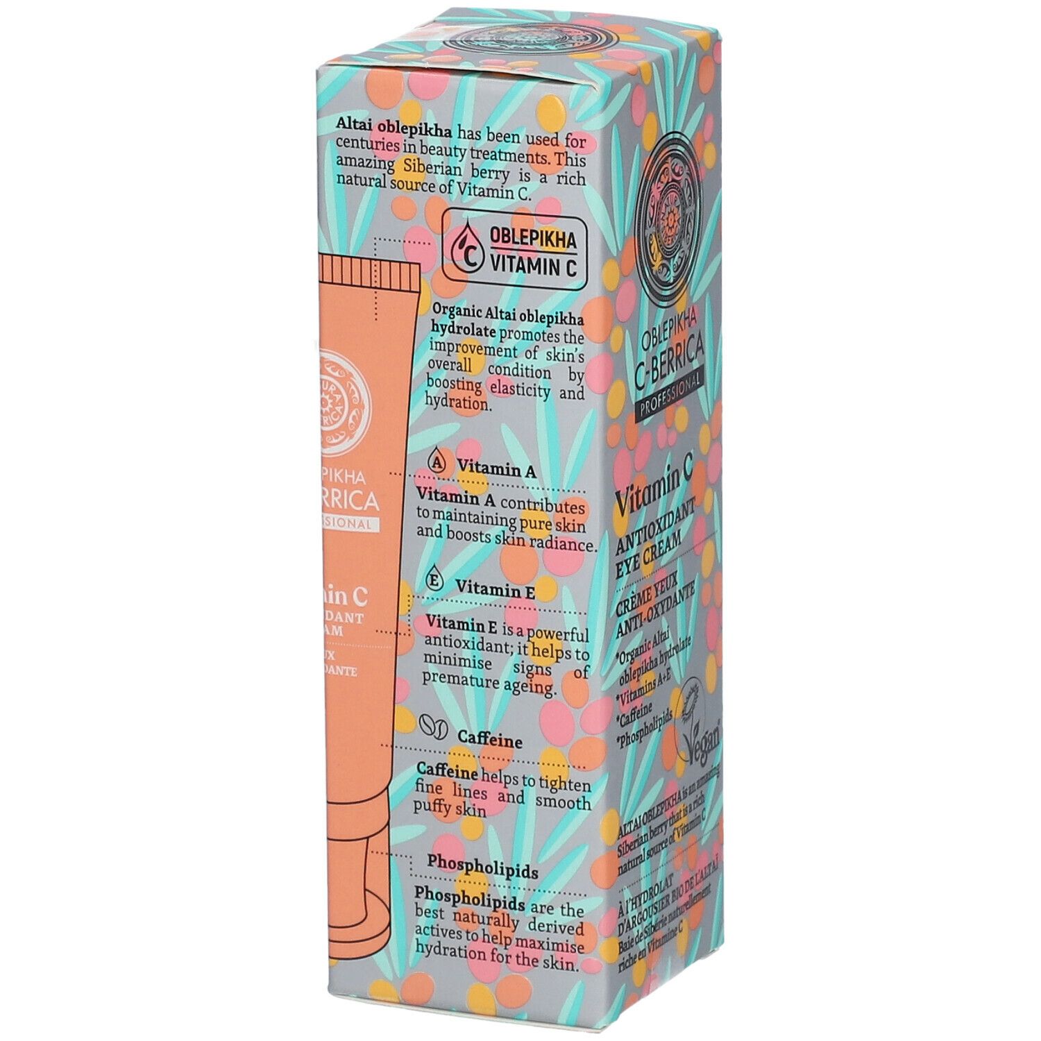 Verpakking met productbeschrijving en ingrediënten. Tekst: Oblepikha C-Berrica Vitamin C. Vegan-zegel.