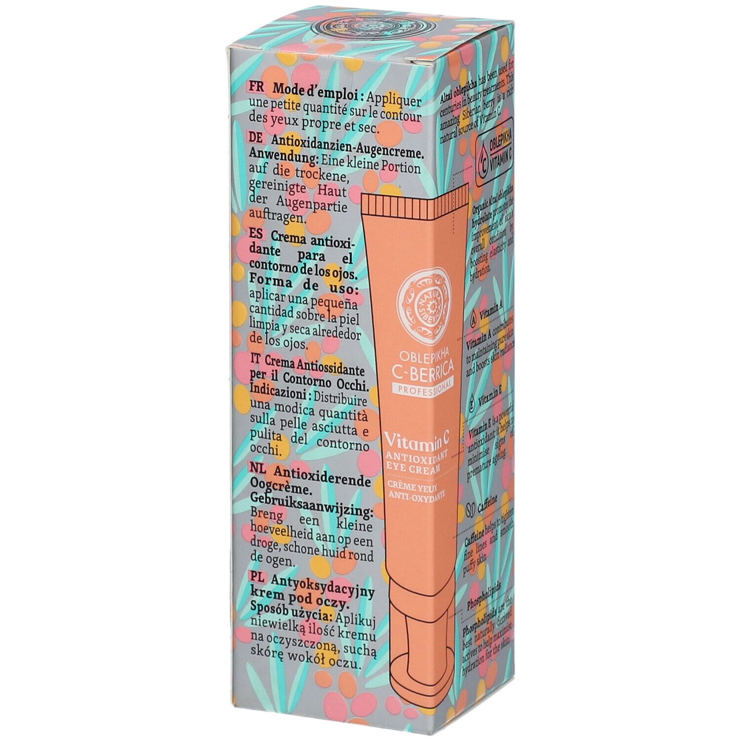 Verpakking met meertalige gebruiksaanwijzing. Tekst: Antioxidant oogcrème. Vegan-zegel.