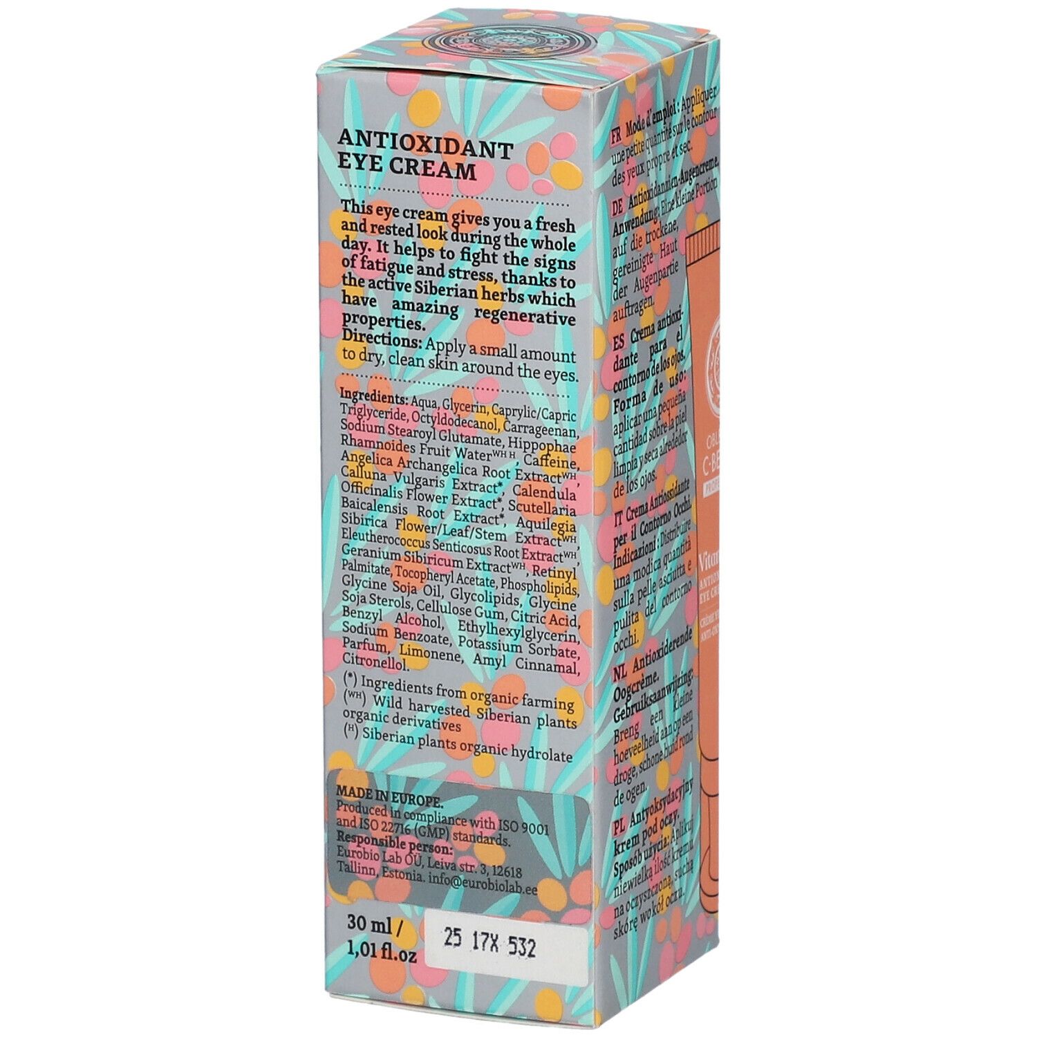 Verpakking met productbeschrijving en ingrediënten. Tekst: Antioxidant Eye Cream. Vegan-zegel.
