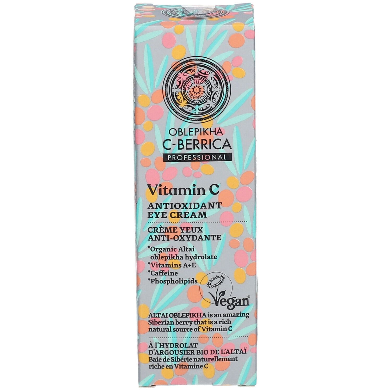 Verpakking met productnaam en ingrediënten. Vegan-zegel. Tekst: Vitamin C Antioxidant Eye Cream.