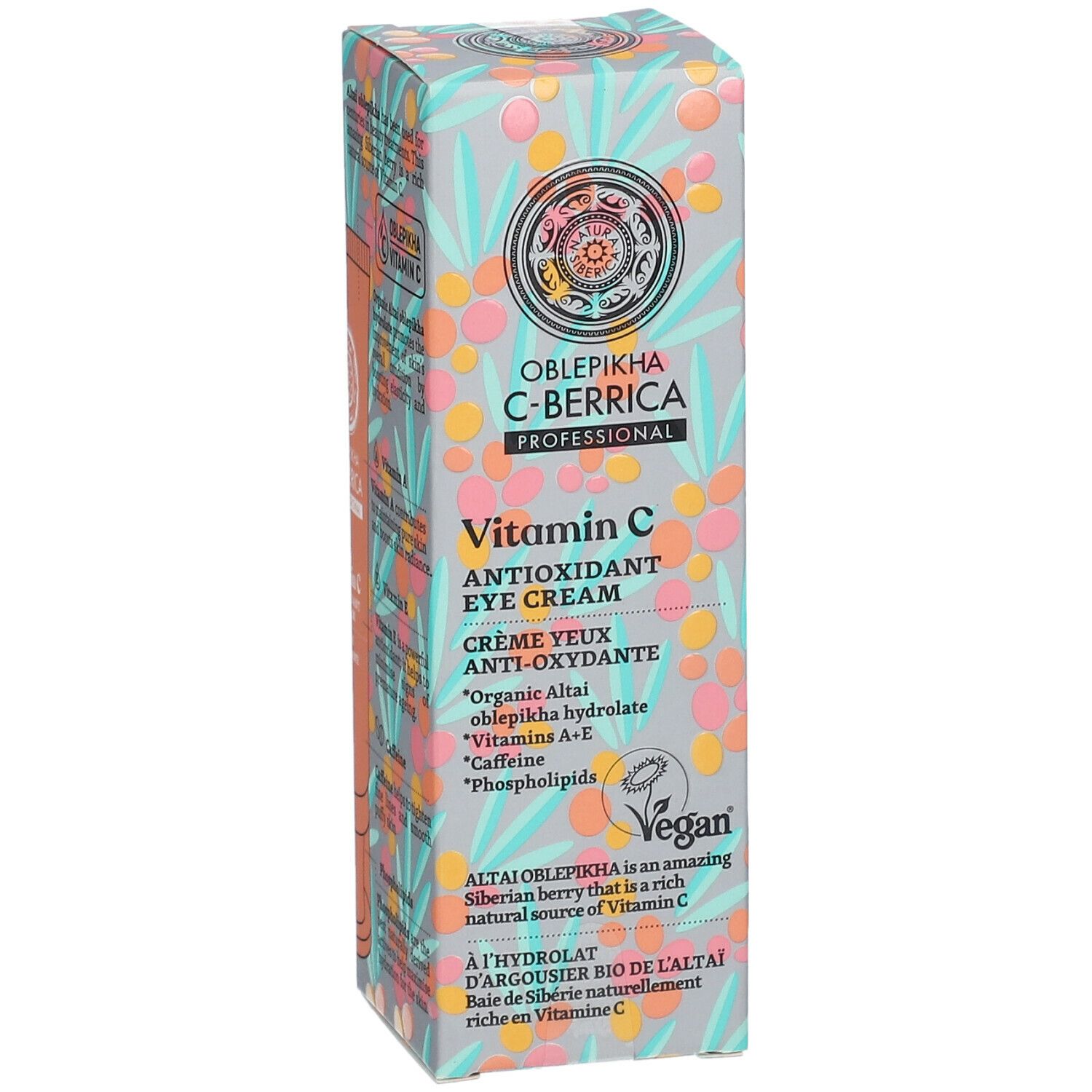 Verpakking met productnaam en ingrediënten. Vegan-zegel. Tekst: Vitamin C Antioxidant Eye Cream.