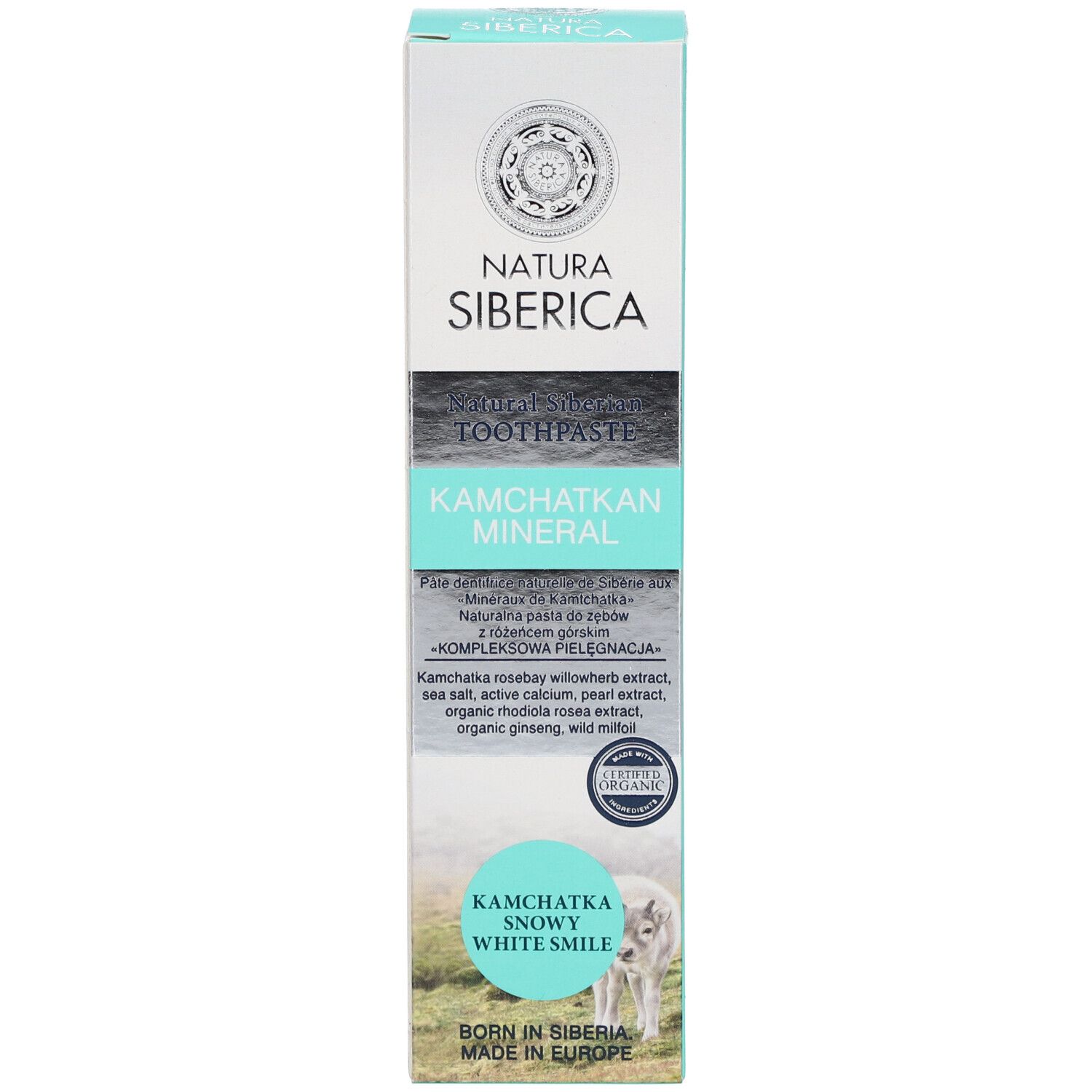 Schachtel mit Zahnpasta. Aufschrift 'Natura Siberica'. Text: 'Kamchatkan Mineral'. Türkis-weißes Design.