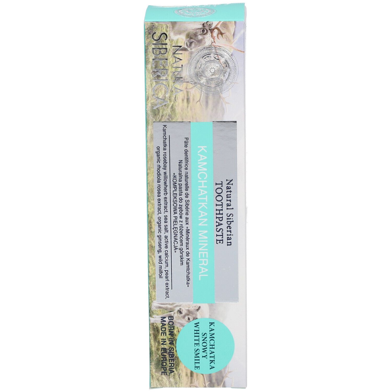 Schachtel mit Text. Aufschrift 'Natura Siberica'. Text: 'Kamchatkan Mineral'. Türkis-weißes Design.