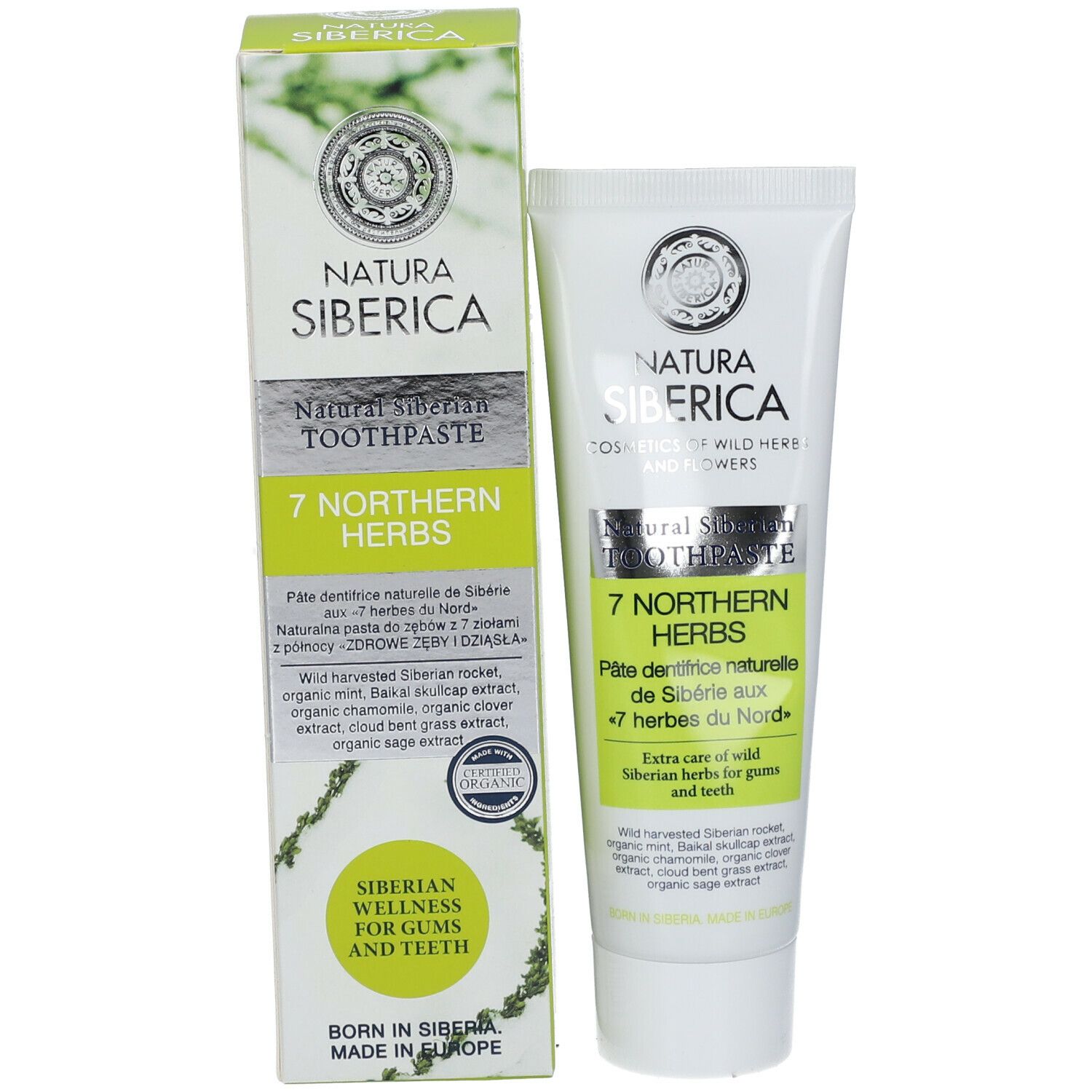 Tandpastatube en doos. Beide wit met groene opdruk. Tekst: Natura Siberica, 7 Northern Herbs.