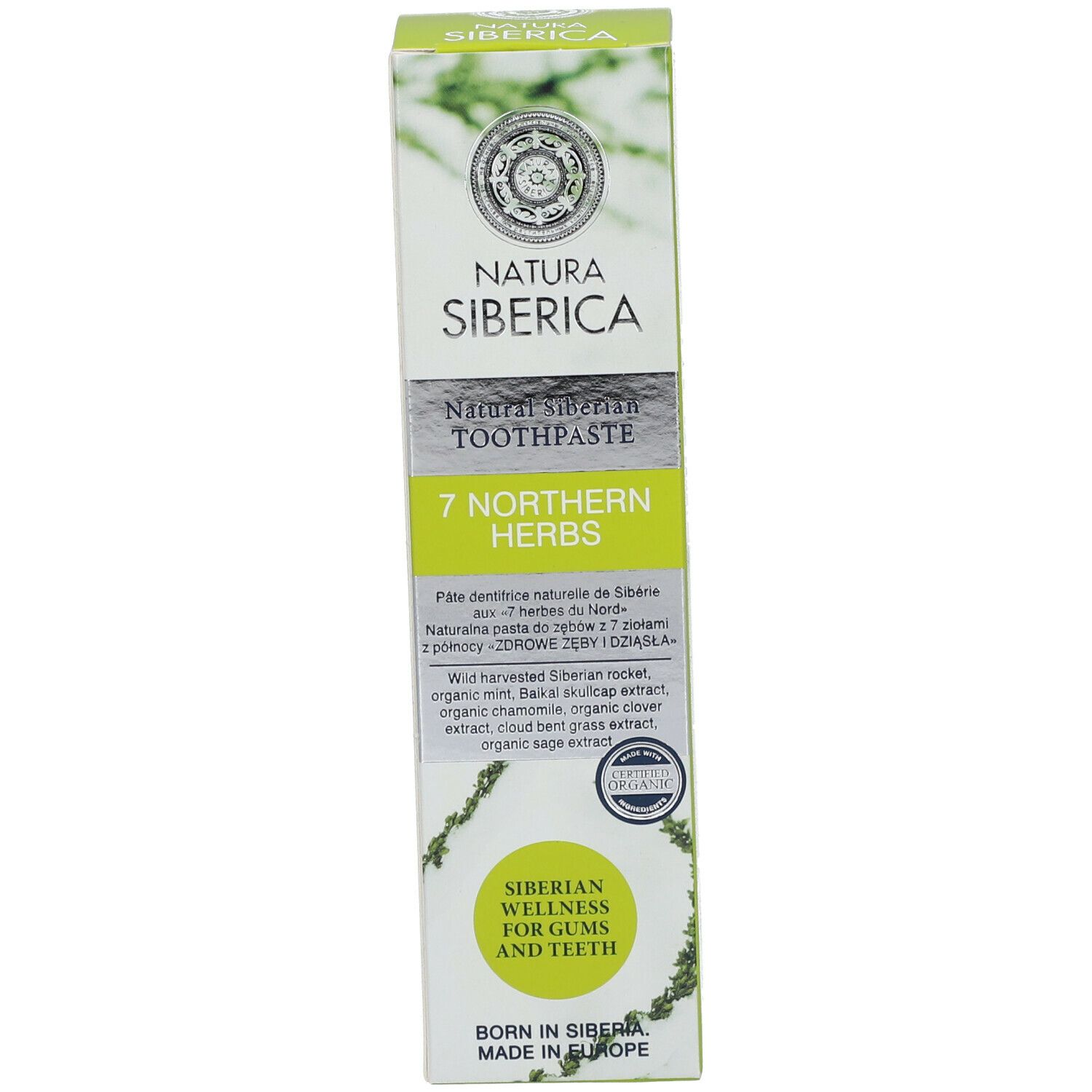Doos, wit met groene opdruk. Tekst: Natura Siberica, 7 Northern Herbs. Siberian Wellness.