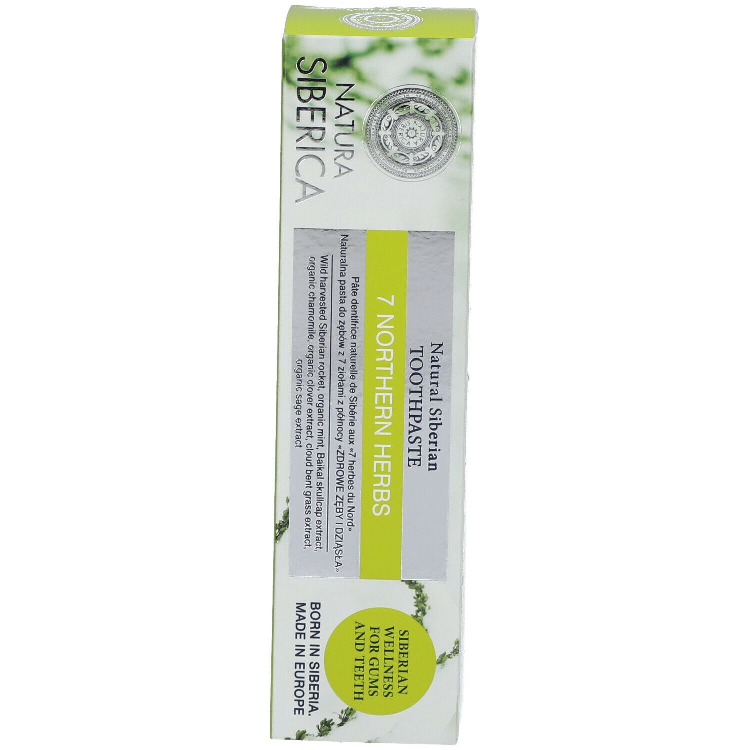 Doos, voorkant. Tekst: Natura Siberica, 7 Northern Herbs. Siberian Wellness.