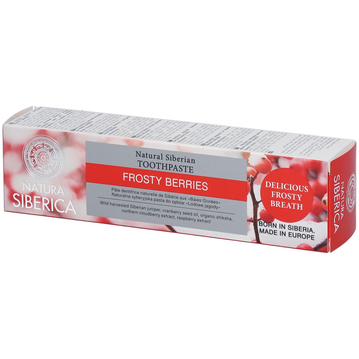 Zahncreme-Verpackung, Ansicht von oben. Text: Natura Siberica, Frostige Beeren. Abbildung von roten Beeren. Rote und weiße Farben.