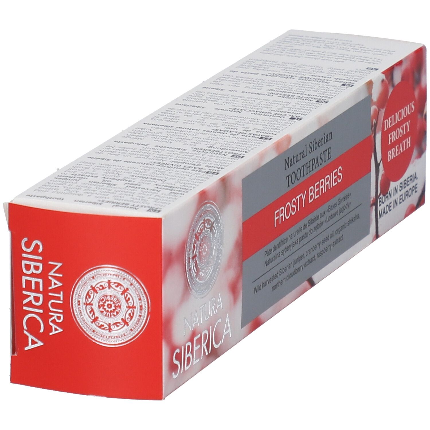 Zahncreme-Verpackung, schräge Ansicht. Text: Natura Siberica, Frostige Beeren. Rote und weiße Farben. Abbildung von Beeren.