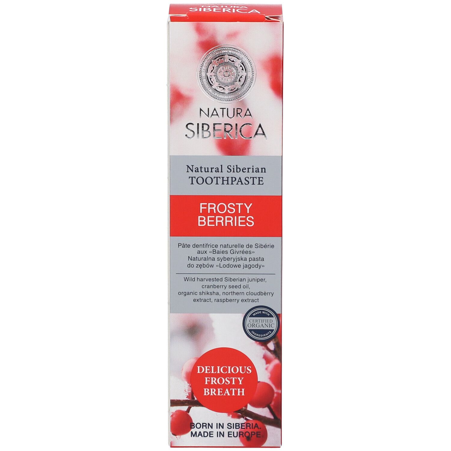 Zahncreme-Verpackung mit rotem und weißem Design. Text: Natura Siberica, Frostige Beeren, Organic. Abbildung von roten Beeren.