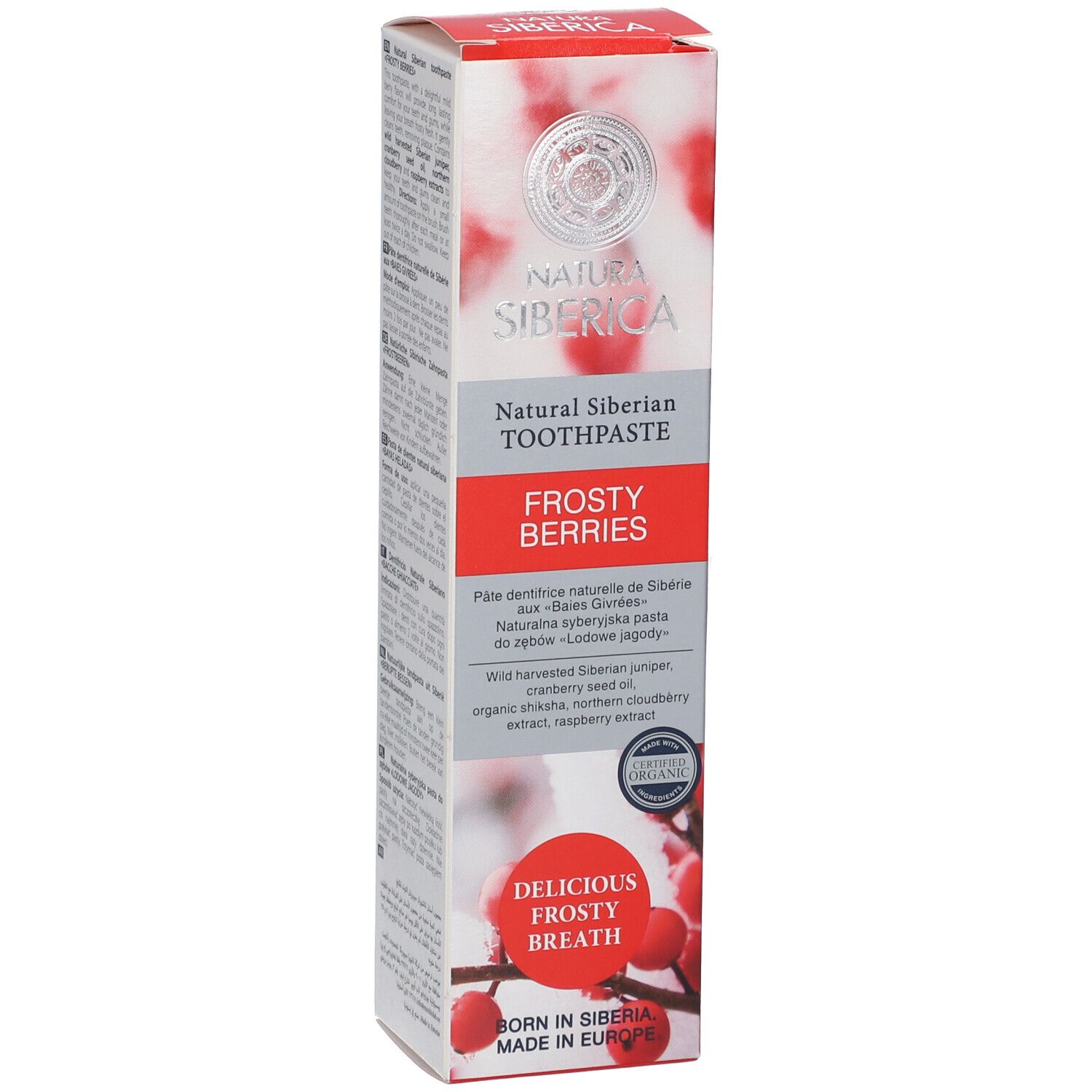 Zahncreme-Verpackung mit rotem und weißem Design. Text: Natura Siberica, Frostige Beeren, Organic. Abbildung von roten Beeren.