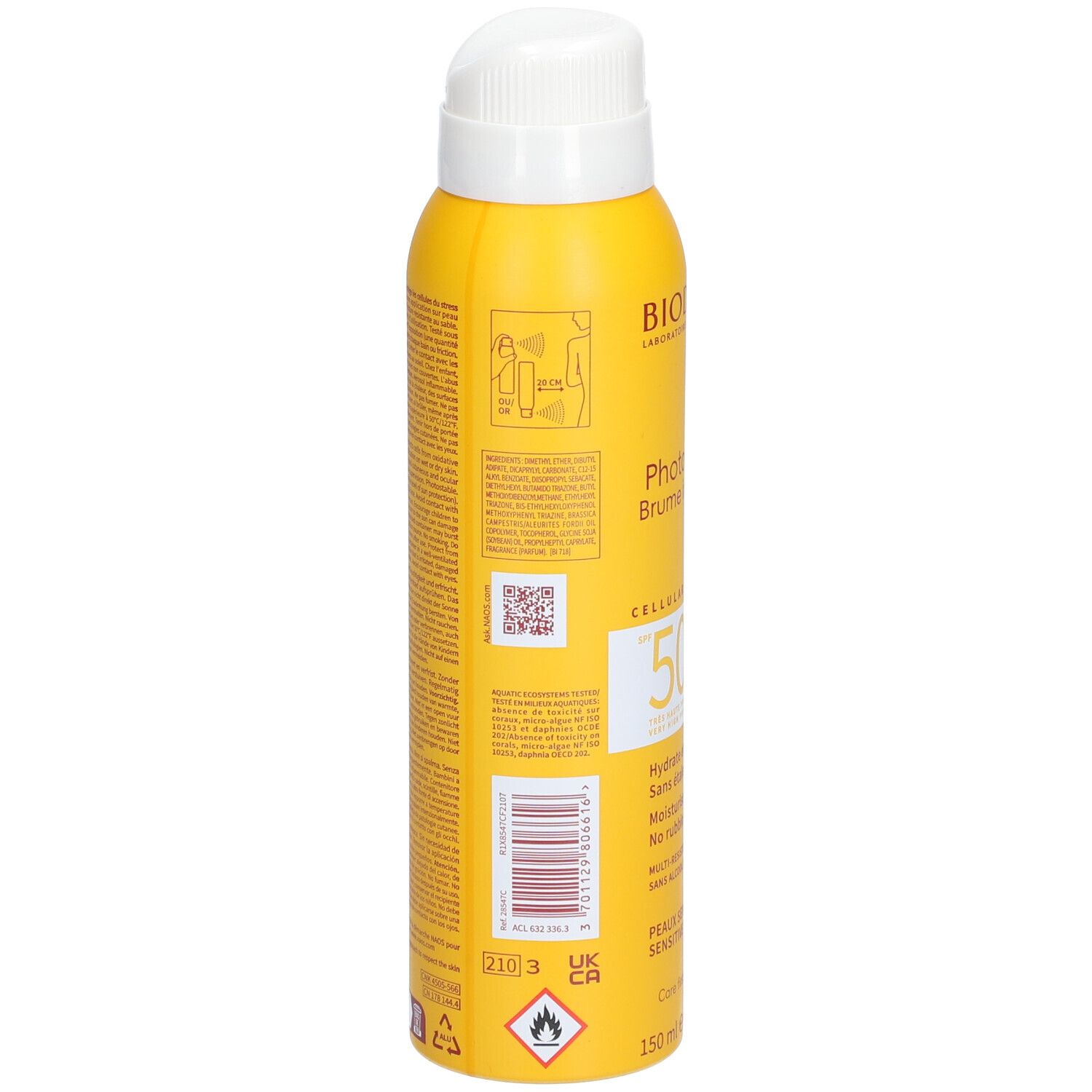 Dos d'un flacon spray jaune avec bouchon blanc. Contient du texte, un code-barres et un code QR. Inscription : BIODERMA, Photoderm Brume invisible SPF50+.