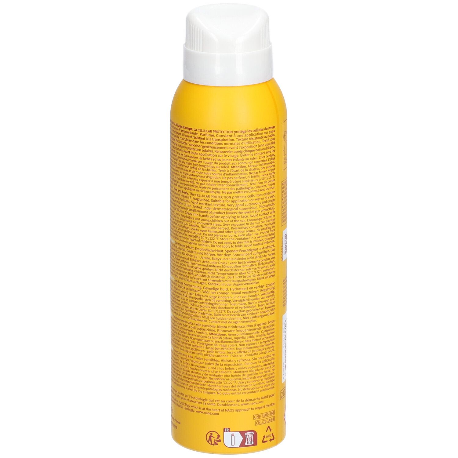 Flacon spray jaune avec bouchon blanc. Dos avec texte. Inscription : BIODERMA, Photoderm Brume invisible SPF50+.