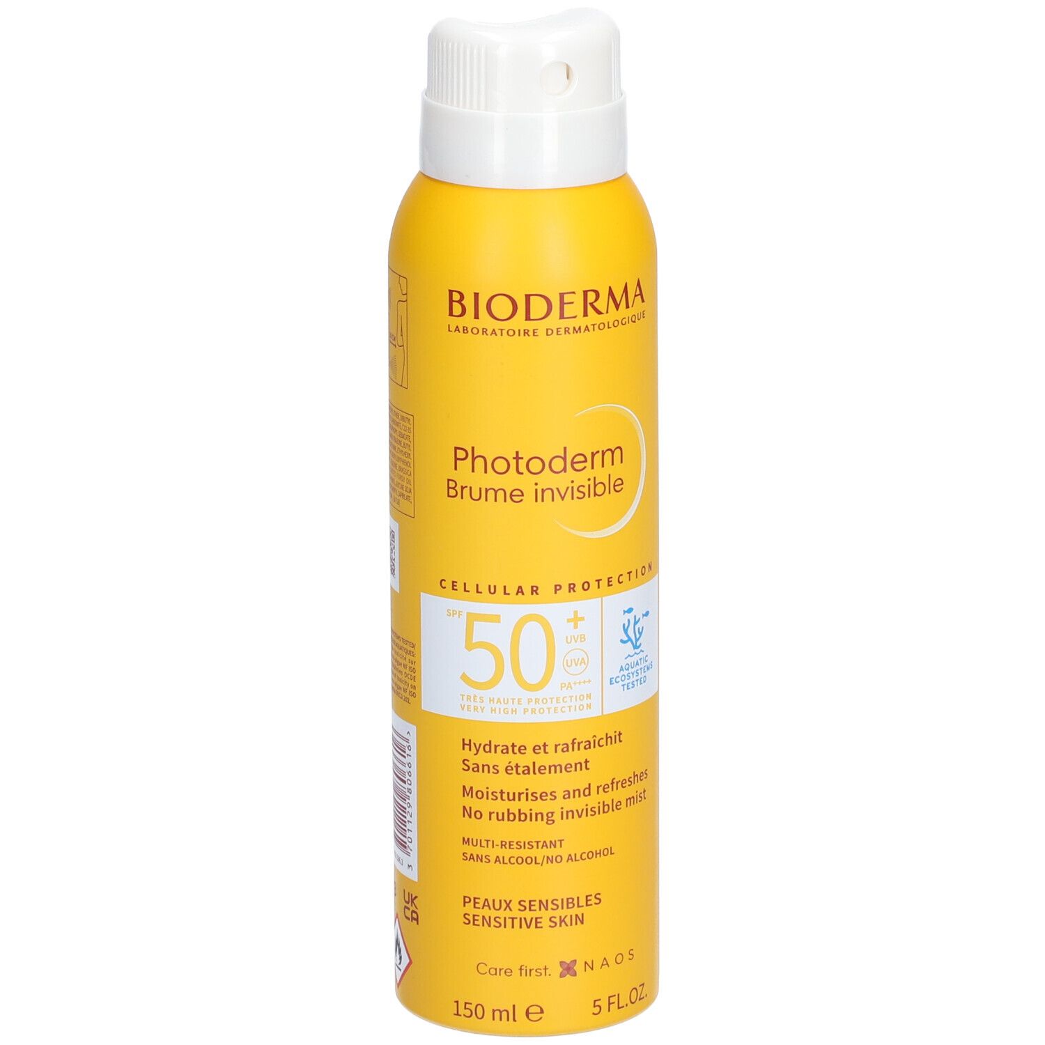 Flacon spray jaune avec bouchon blanc. Inscription : BIODERMA, Photoderm Brume invisible SPF50+. Contient SPF50+ et Cellular Protection.