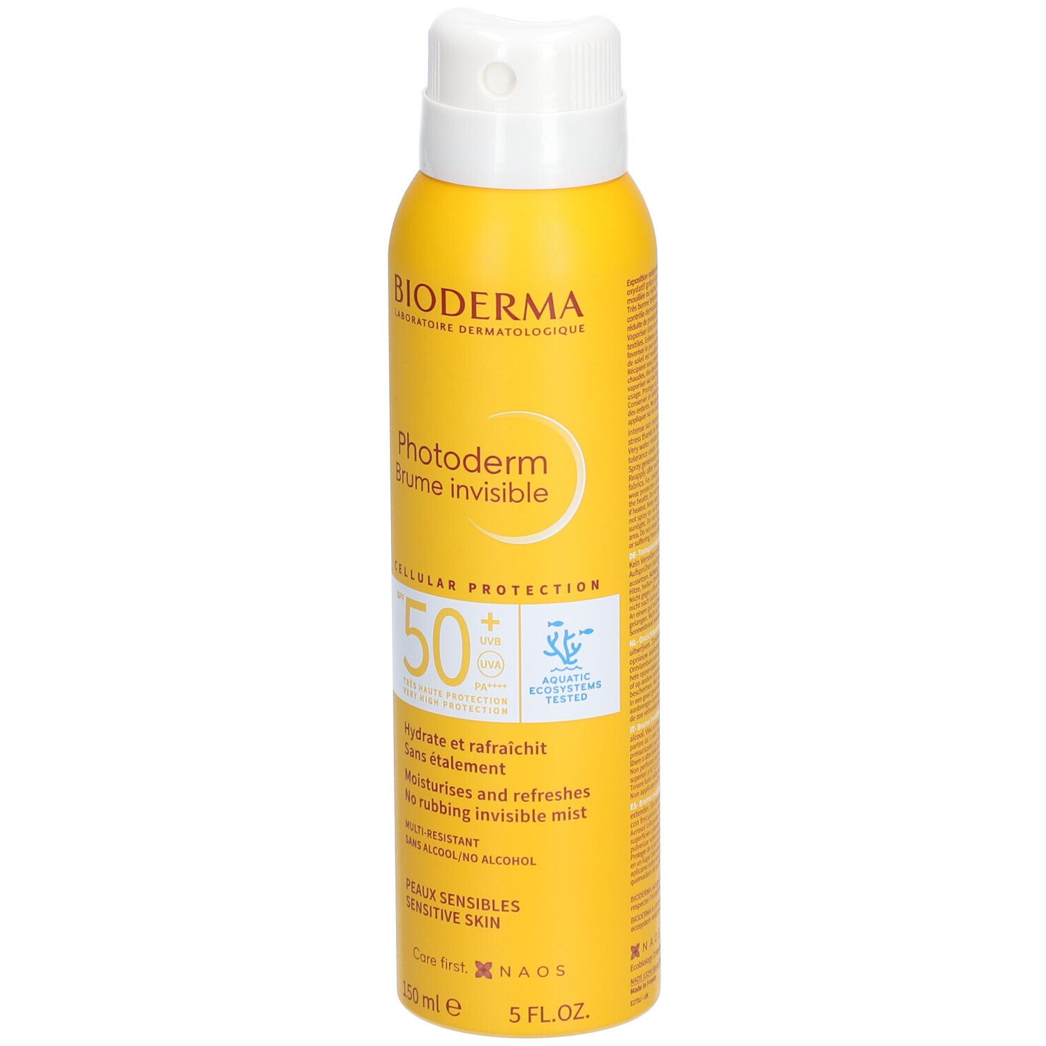 Flacon spray jaune avec bouchon blanc. Inscription : BIODERMA, Photoderm Brume invisible SPF50+. Contient SPF50+ et Cellular Protection.