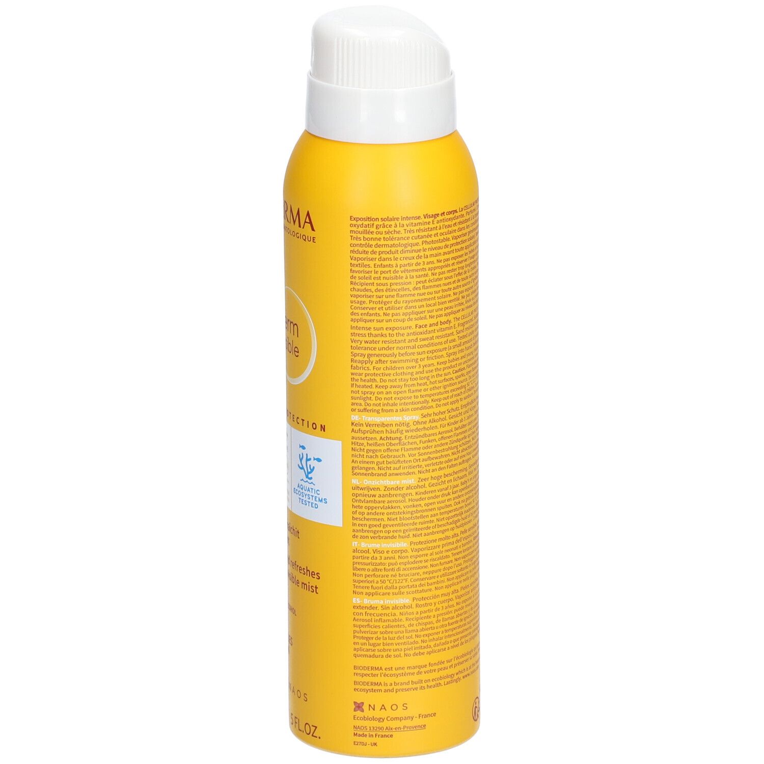 Dos d'un flacon spray jaune avec bouchon blanc. Contient du texte. Inscription : BIODERMA, Photoderm Brume invisible SPF50+.