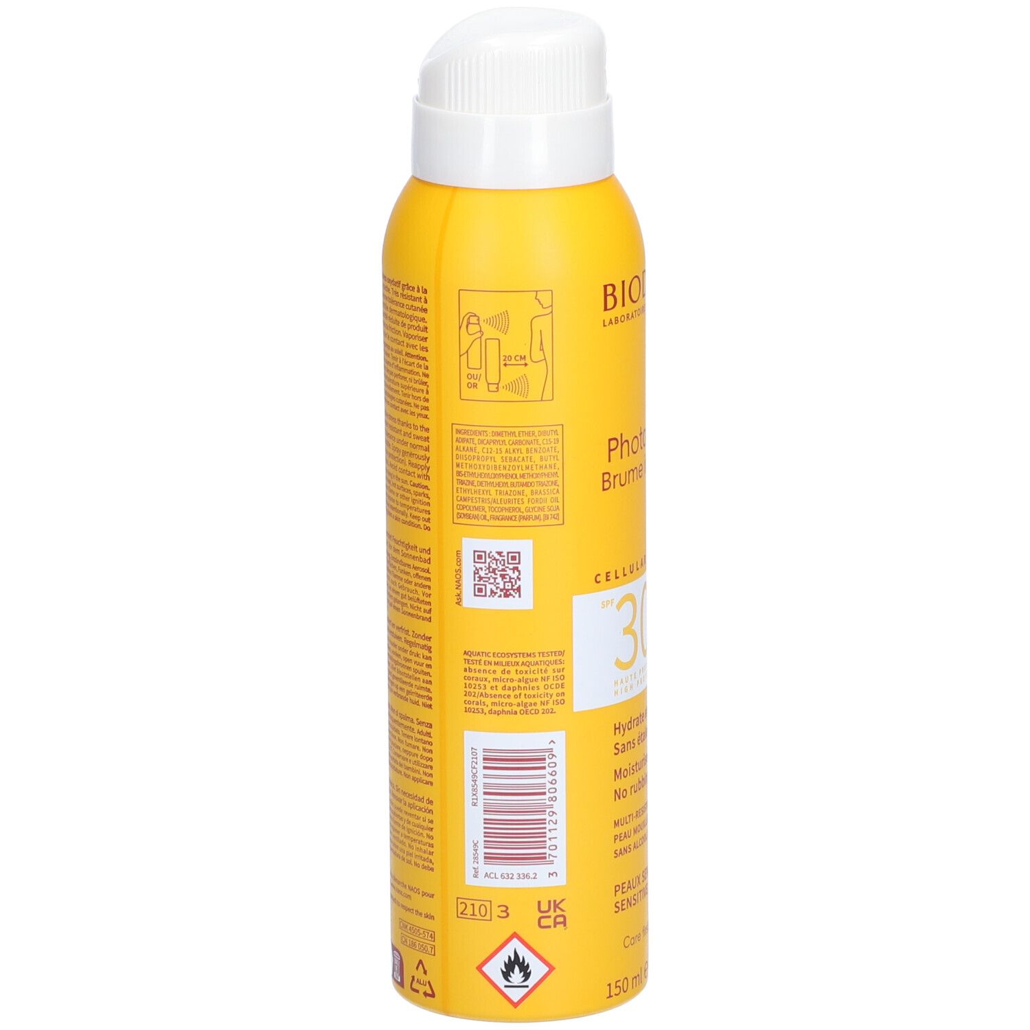 Achterkant van gele sprayfles. Bevat tekst en barcode. Opschrift: Bioderma Photoderm. Bevat informatie over gebruik en ingrediënten.