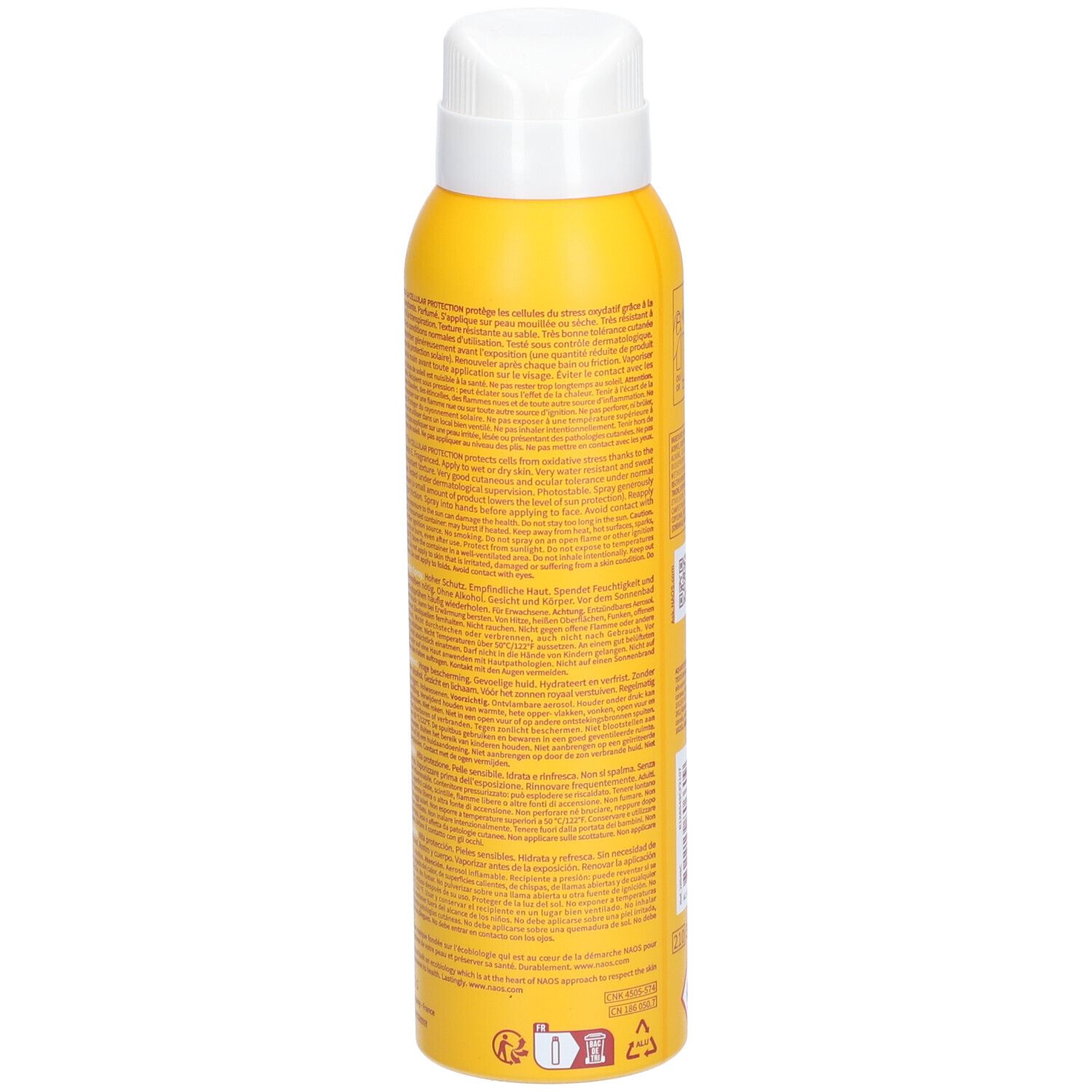 Zijaanzicht van gele sprayfles. Bevat tekst. Opschrift: Bioderma Photoderm. Bevat informatie over gebruik en ingrediënten.