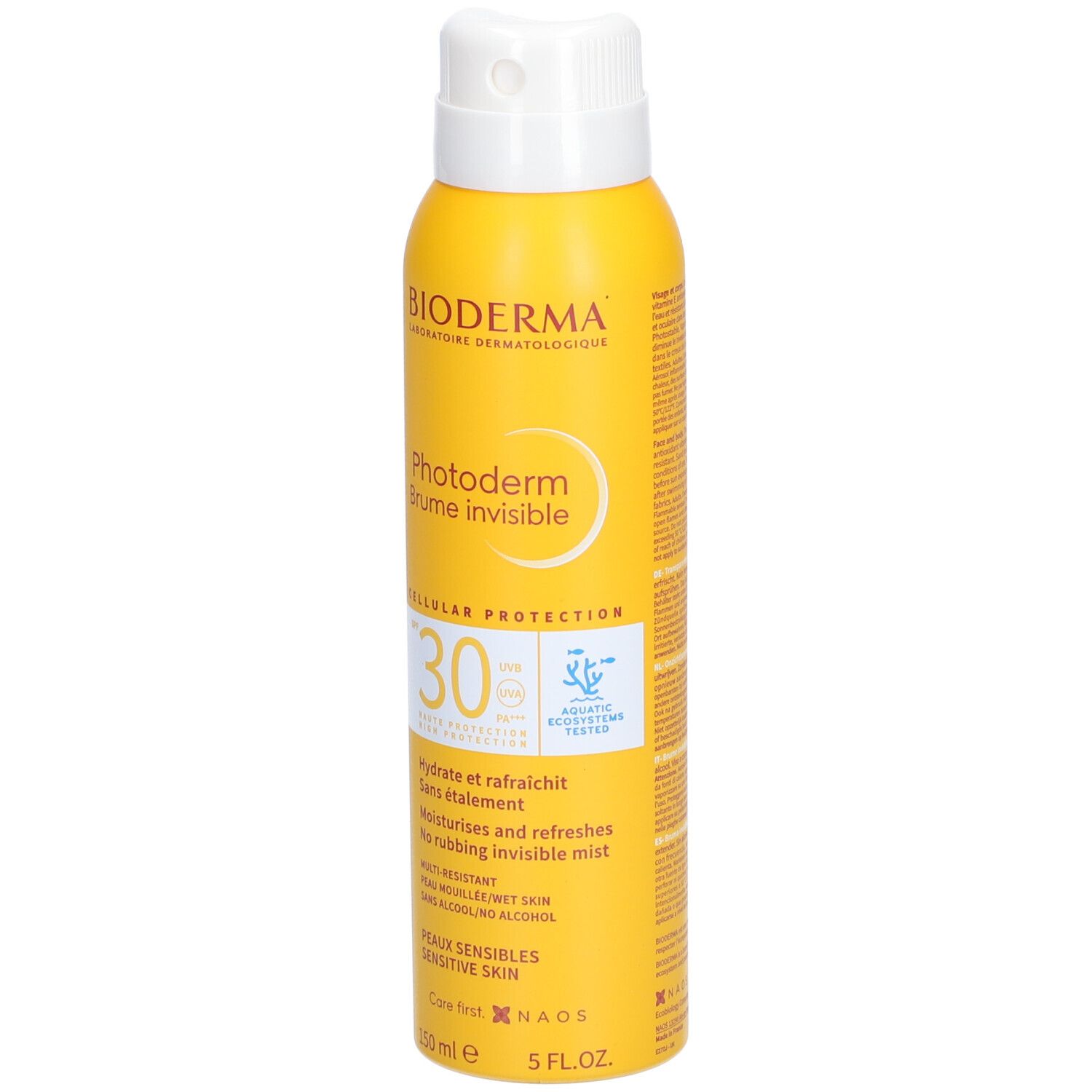 Gele sprayfles met witte dop. Opschrift: Bioderma Photoderm Brume invisible SPF30. Bevat informatie over ingrediënten en beschermingsfactor.