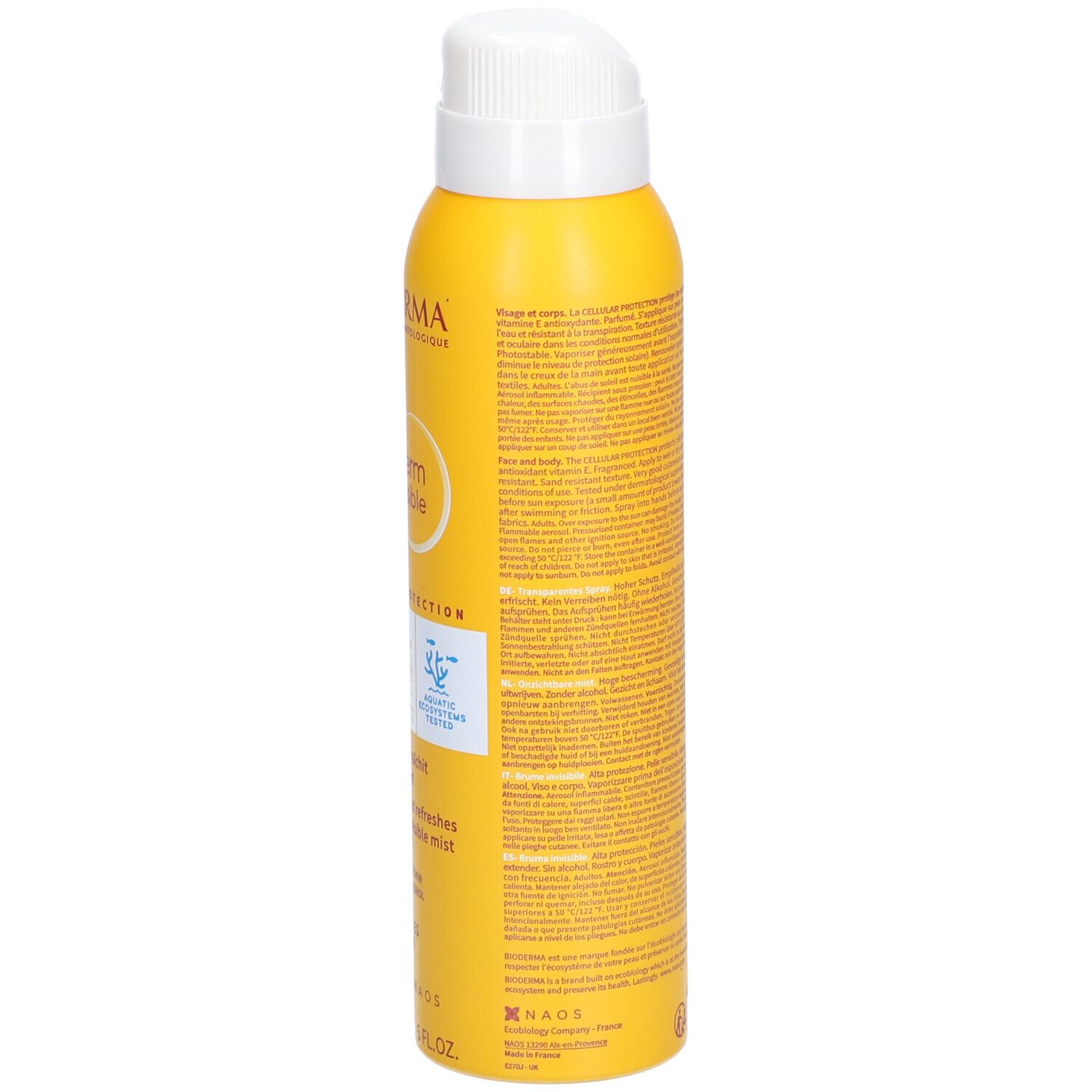 Zijaanzicht van gele sprayfles. Bevat tekst. Opschrift: Bioderma Photoderm. Bevat informatie over gebruik en ingrediënten.