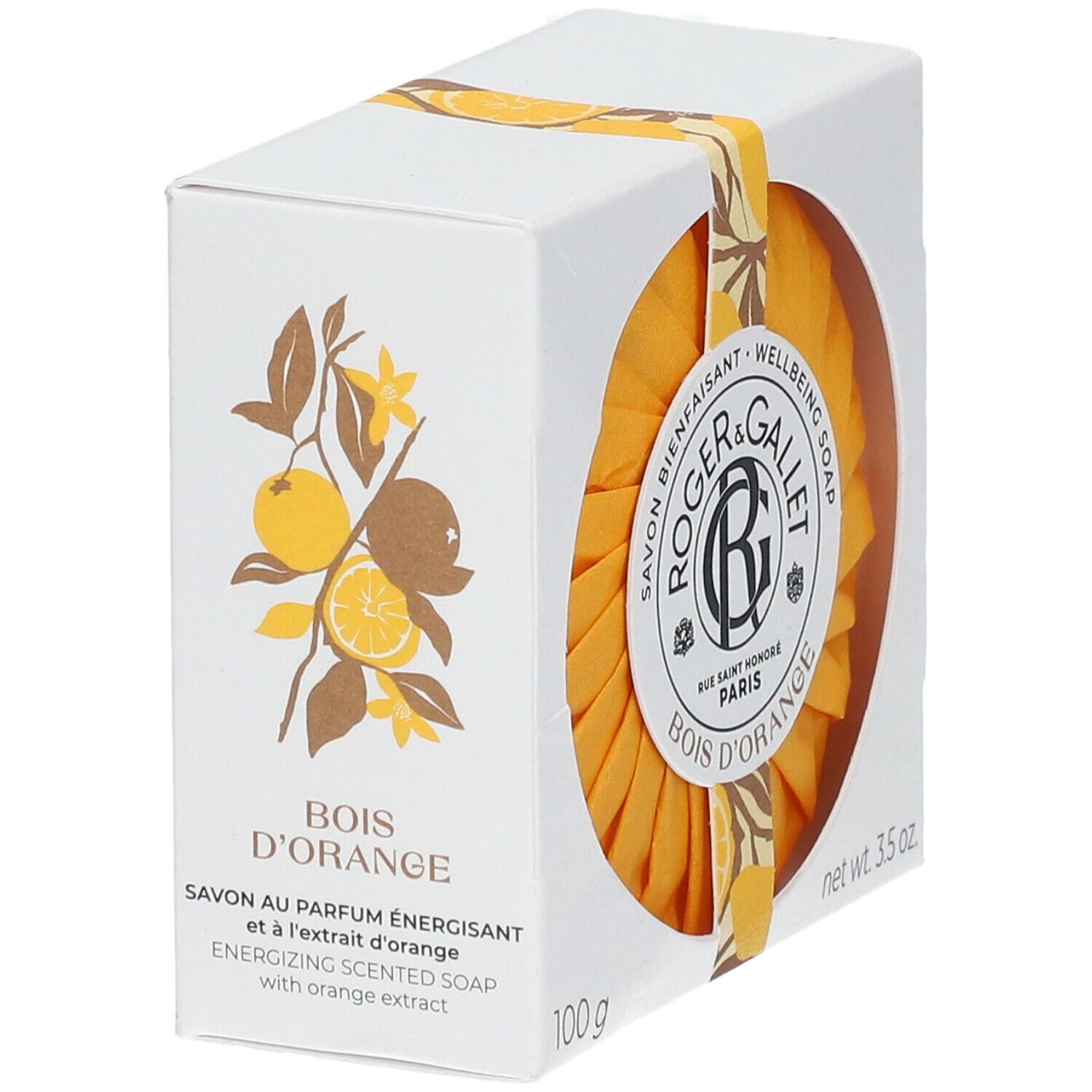 Boîte blanche avec savon orange. Inscription : Roger & Gallet, Bois d'Orange. Illustration d'oranges et de fleurs.