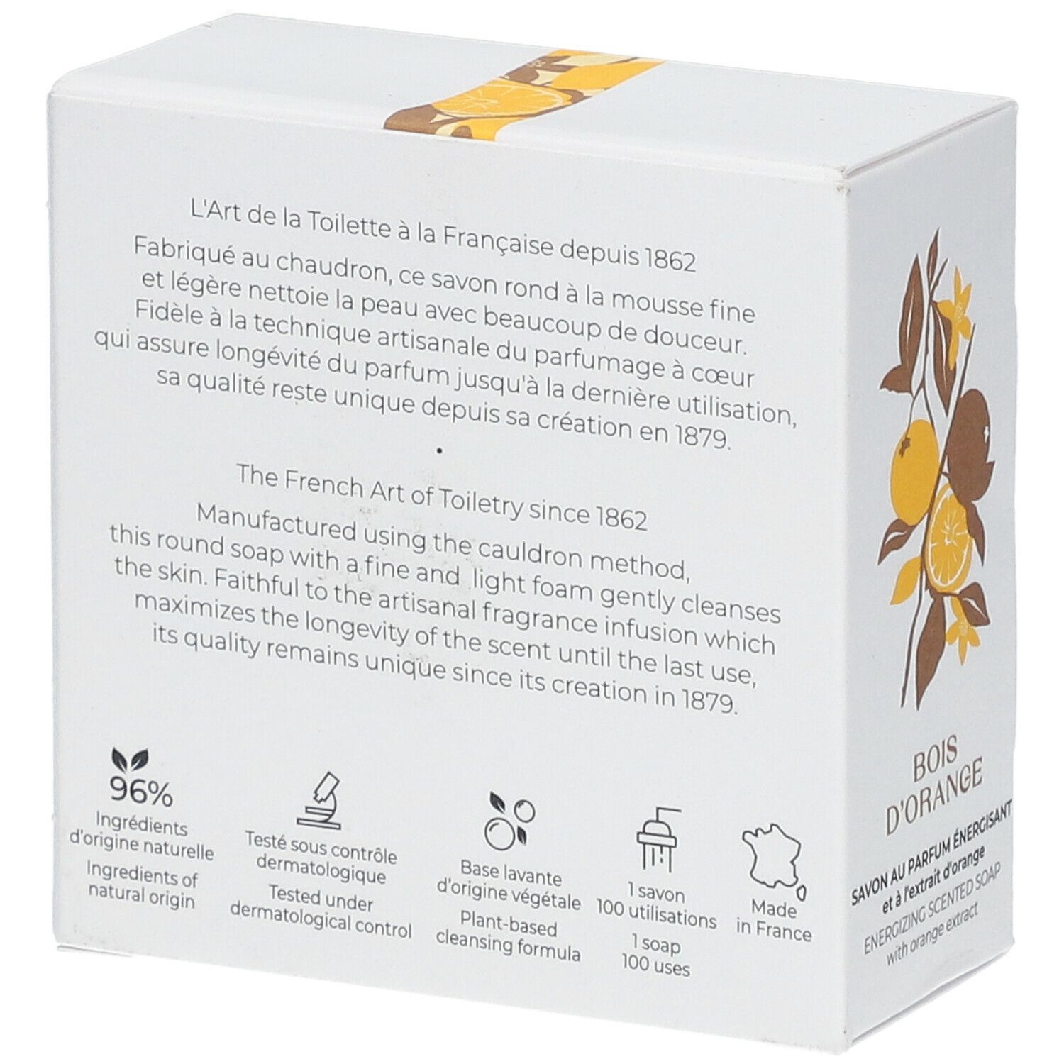 Dos de la boîte blanche. Texte sur le savon et les ingrédients. Logos : 96% ingrédients naturels, testé dermatologiquement.