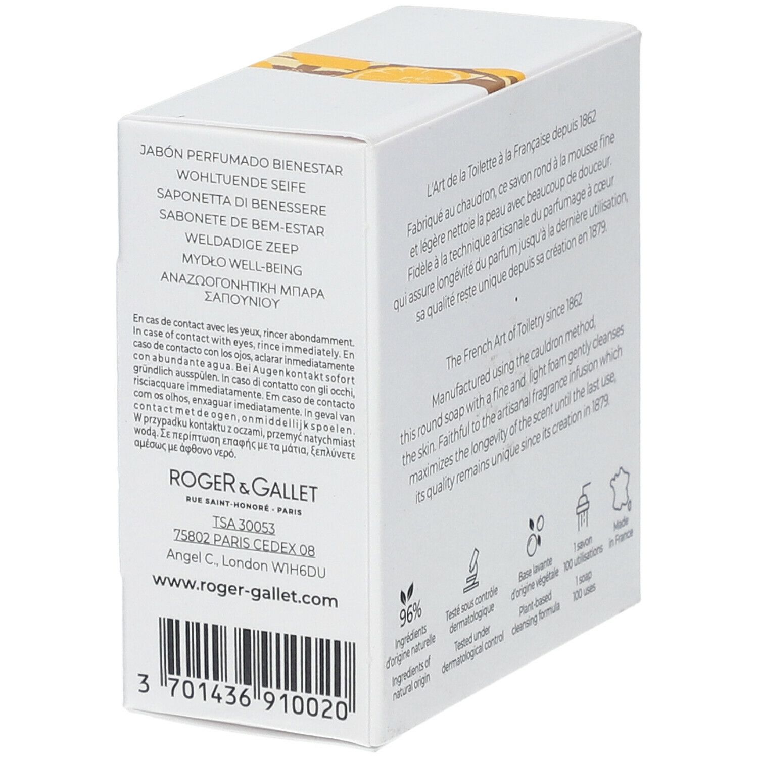 Dos de la boîte blanche. Texte et coordonnées. Code-barres. Logos : 96% ingrédients naturels, testé dermatologiquement.