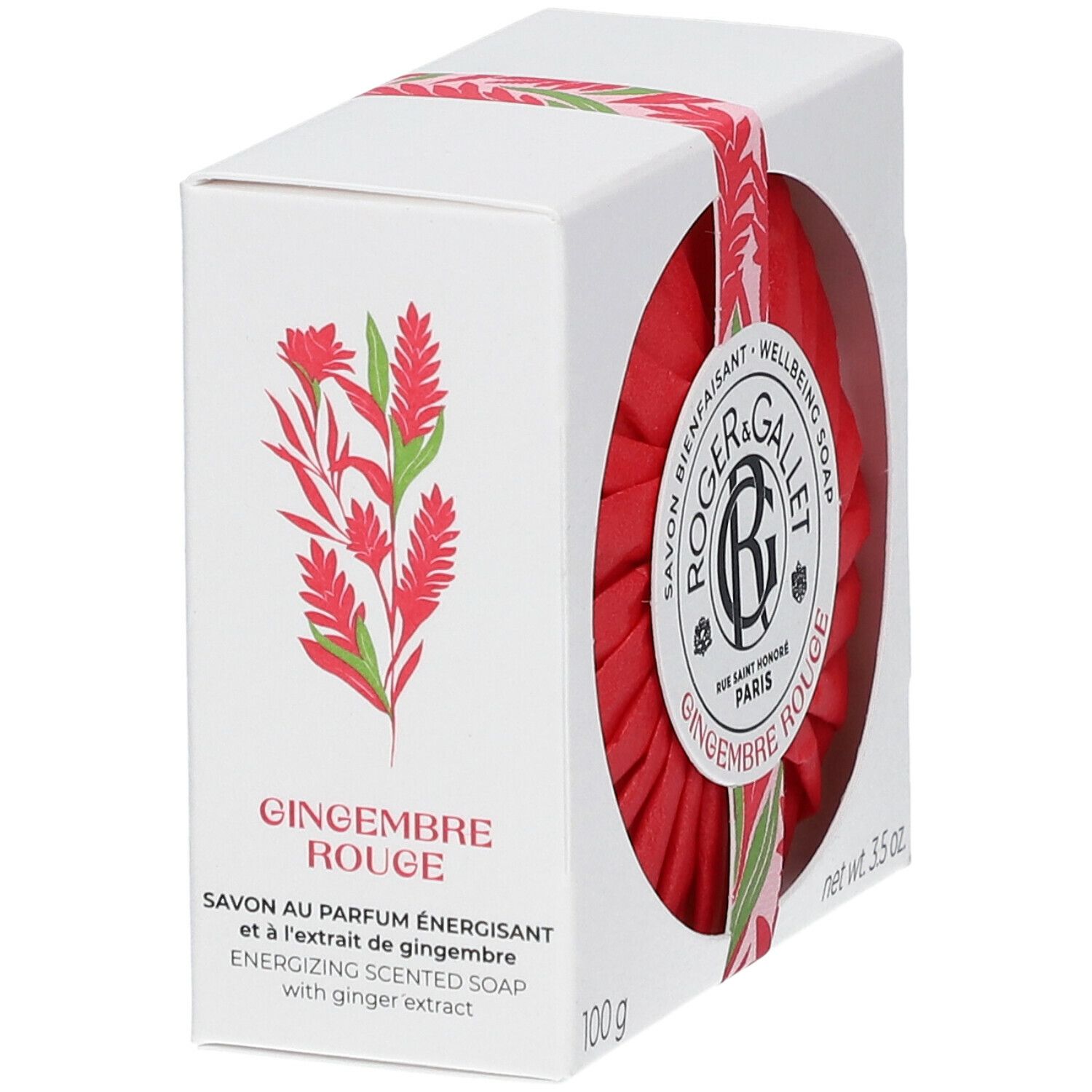 Witte doos met ronde, rode zeep. Merk Roger & Gallet. Opschrift: Gingembre Rouge. Met bloemenlint en afbeelding.