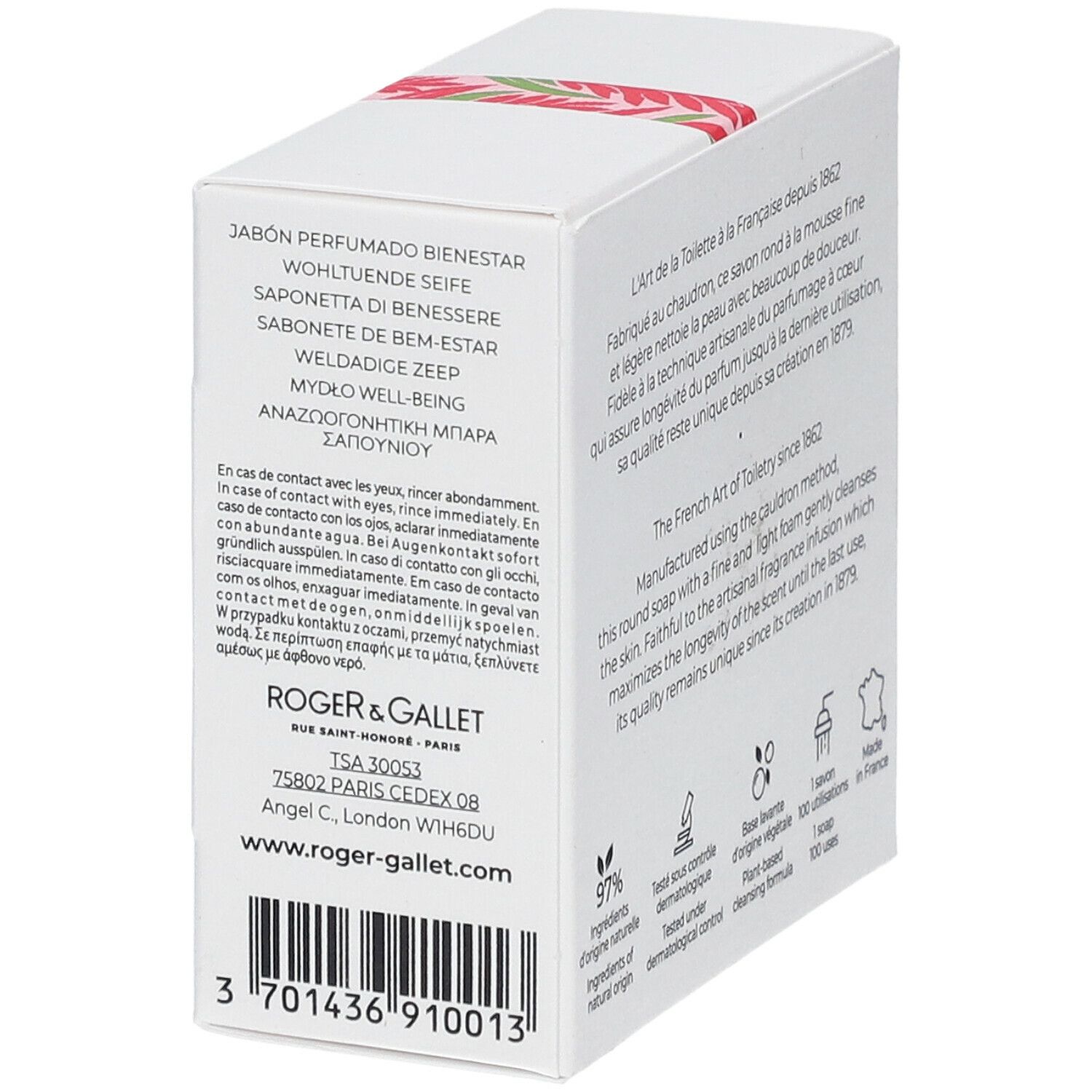 Witte doos met meertalige tekst. Logo Roger & Gallet. Streepjescode en contactgegevens.