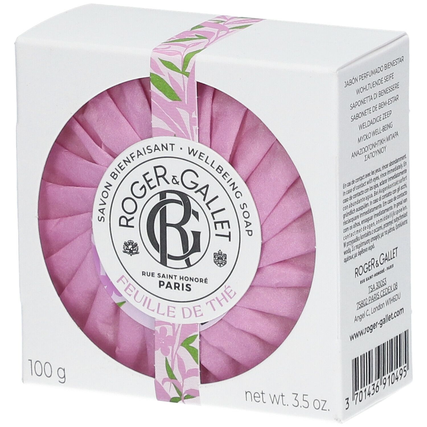 Savon rond rose dans une boîte blanche. Marque : Roger & Gallet. Inscription : Feuille de Thé. Emballé avec un ruban.