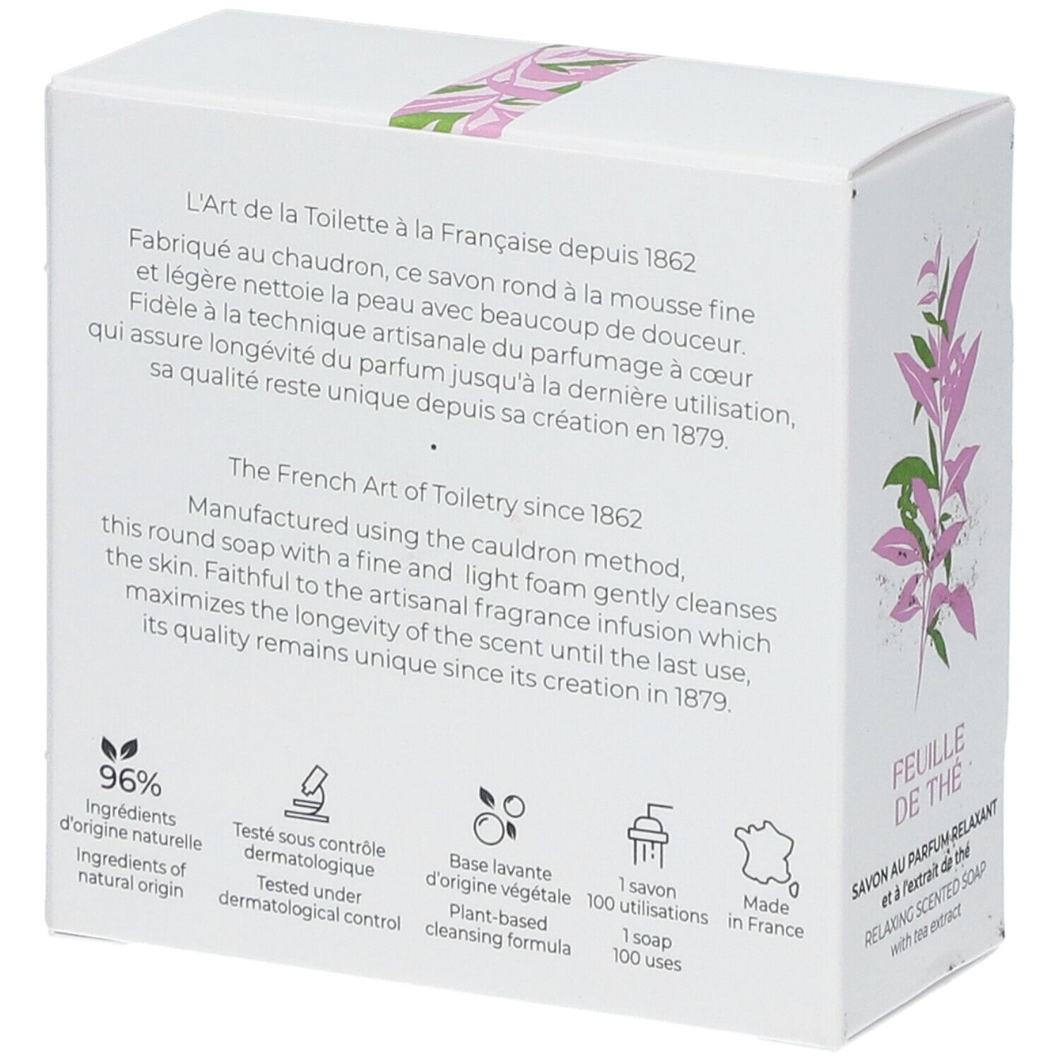 Boîte blanche avec texte. Inscription : 96% ingrédients d'origine naturelle. Fabriqué en France. Avec logos.