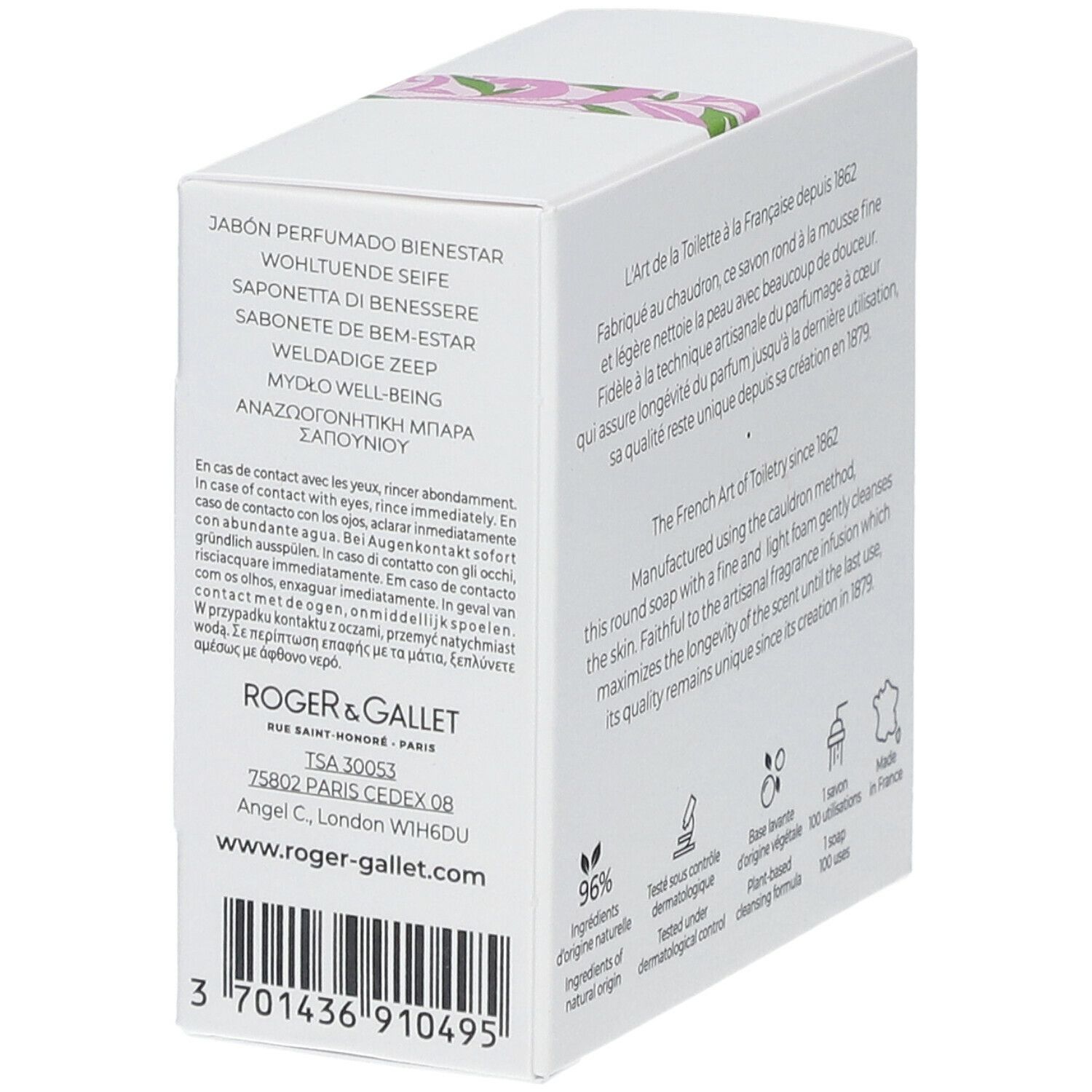 Boîte blanche avec texte. Marque : Roger & Gallet. Inscription : Rue Saint Honoré Paris. Avec code-barres.