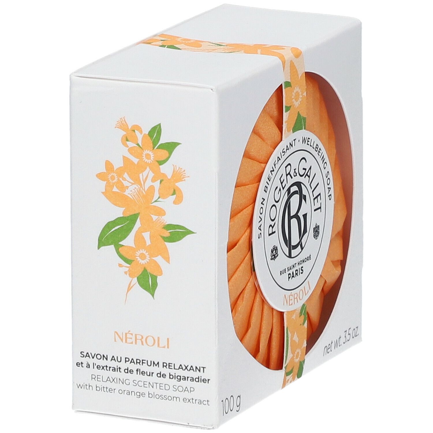 Boîte blanche avec savon orange. Marque Roger & Gallet, Néroli. Design floral et informations produit.