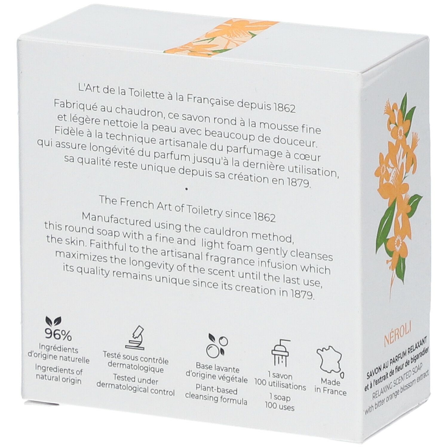 Dos de la boîte blanche. Texte sur ingrédients, contrôle dermatologique, base végétale, 100 utilisations.