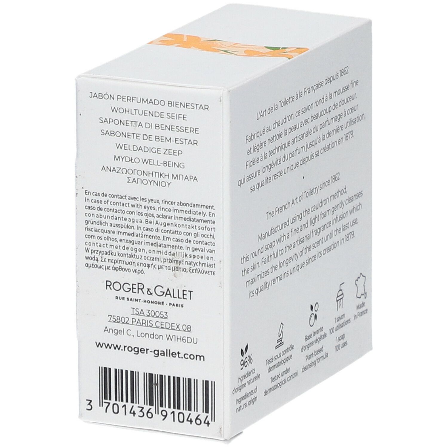 Boîte blanche avec texte multilingue. Marque Roger & Gallet, Néroli. Code-barres et coordonnées.
