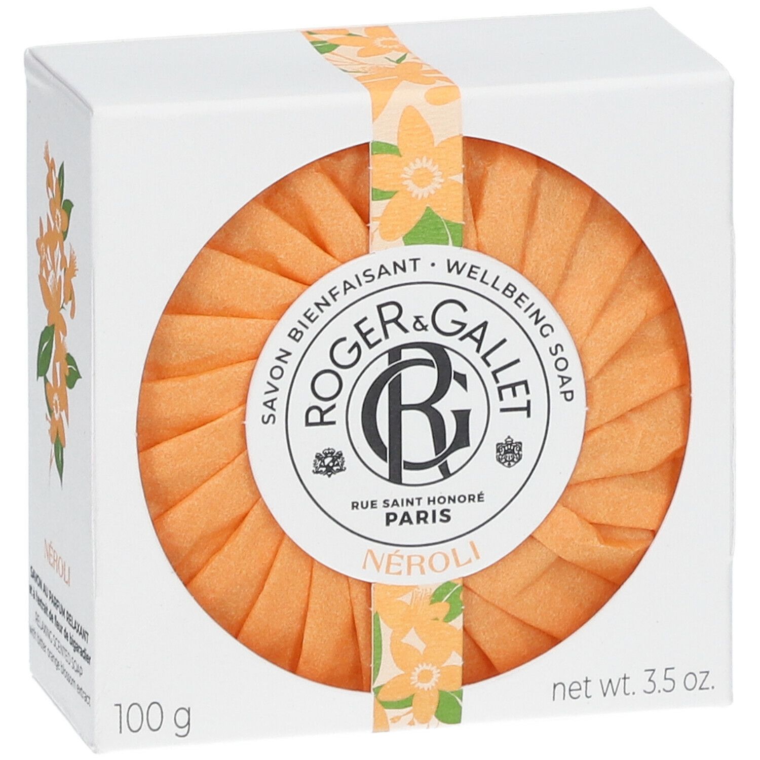 Boîte blanche avec savon orange. Marque Roger & Gallet, Néroli. Produit et emballage.