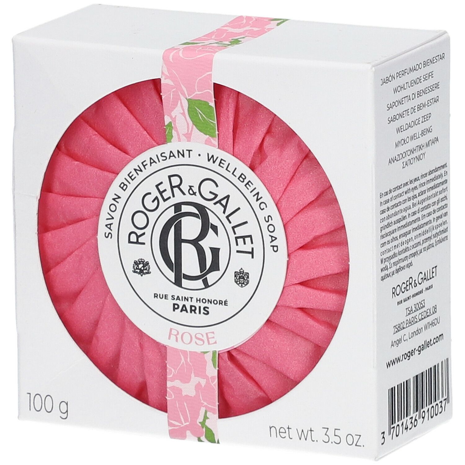 Roze zeep in witte doos met roze lint. Merk Roger & Gallet. Tekst: Rose, 100 g, 3.5 oz.