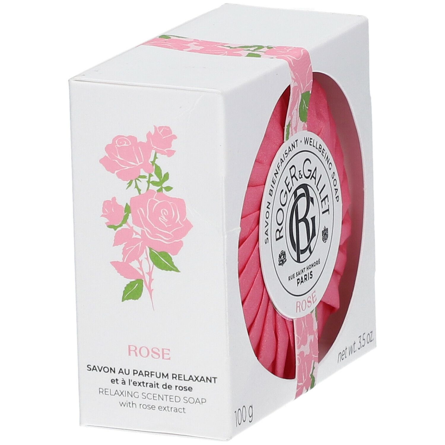 Roze zeep in witte doos met roze rozenmotief. Merk Roger & Gallet. Tekst: Rose, 100 g, 3.5 oz.