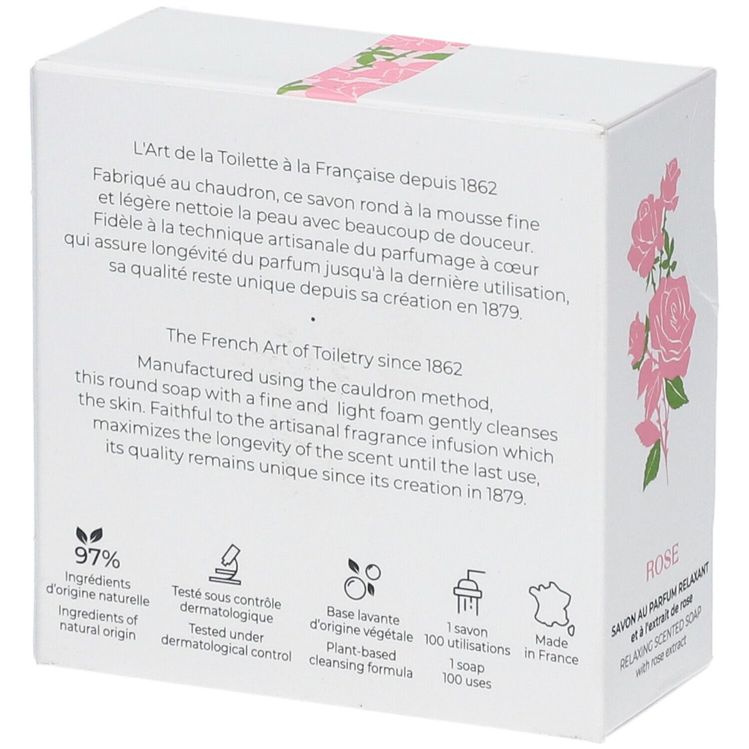Achterkant van de witte doos met tekst en rozenmotief. Tekst: 97% ingrediënten van natuurlijke oorsprong, Made in France.