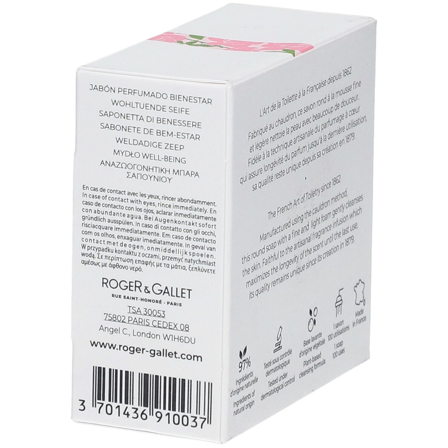 Witte doos met tekst en rozenmotief. Tekst: Roger & Gallet, Rose, ingrediënten, Made in France.