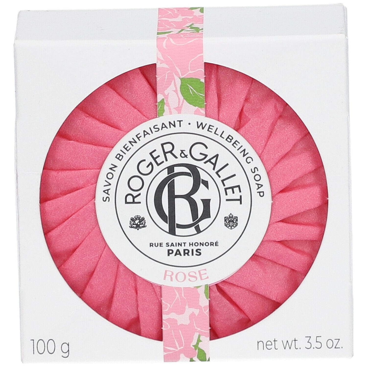 Roze zeep in witte doos. Merk Roger & Gallet. Tekst: Rose, 100 g, 3.5 oz.