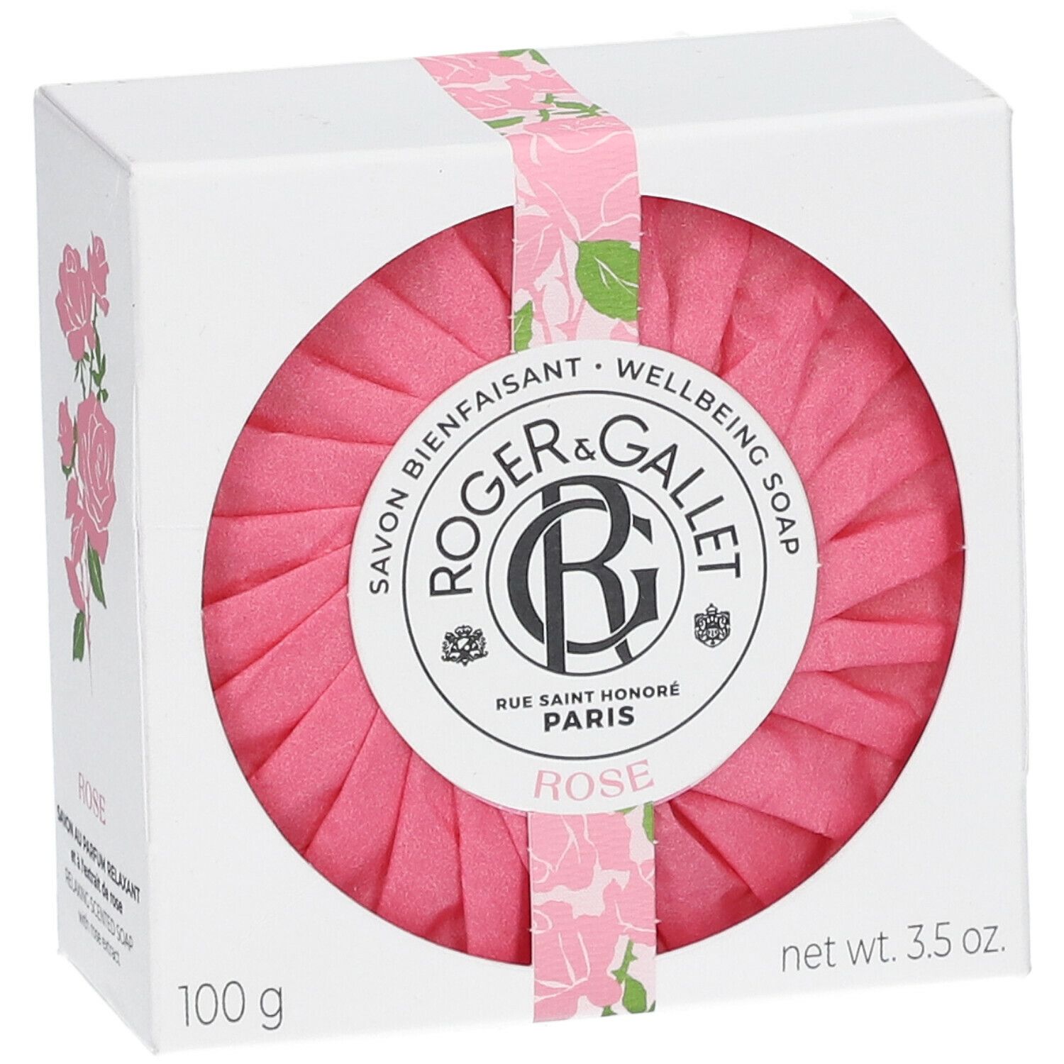 Roze zeep in witte doos met rozenmotief. Merk Roger & Gallet. Tekst: Rose, 100 g, 3.5 oz.