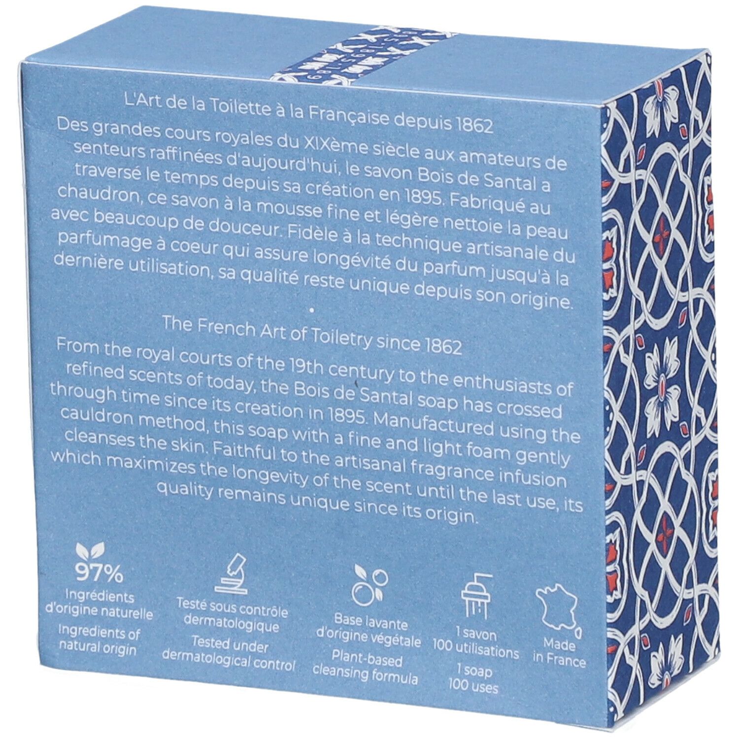 Rückseite der blauen Schachtel mit Text. Enthält Informationen über die Inhaltsstoffe, dermatologische Kontrolle und Herkunft.
