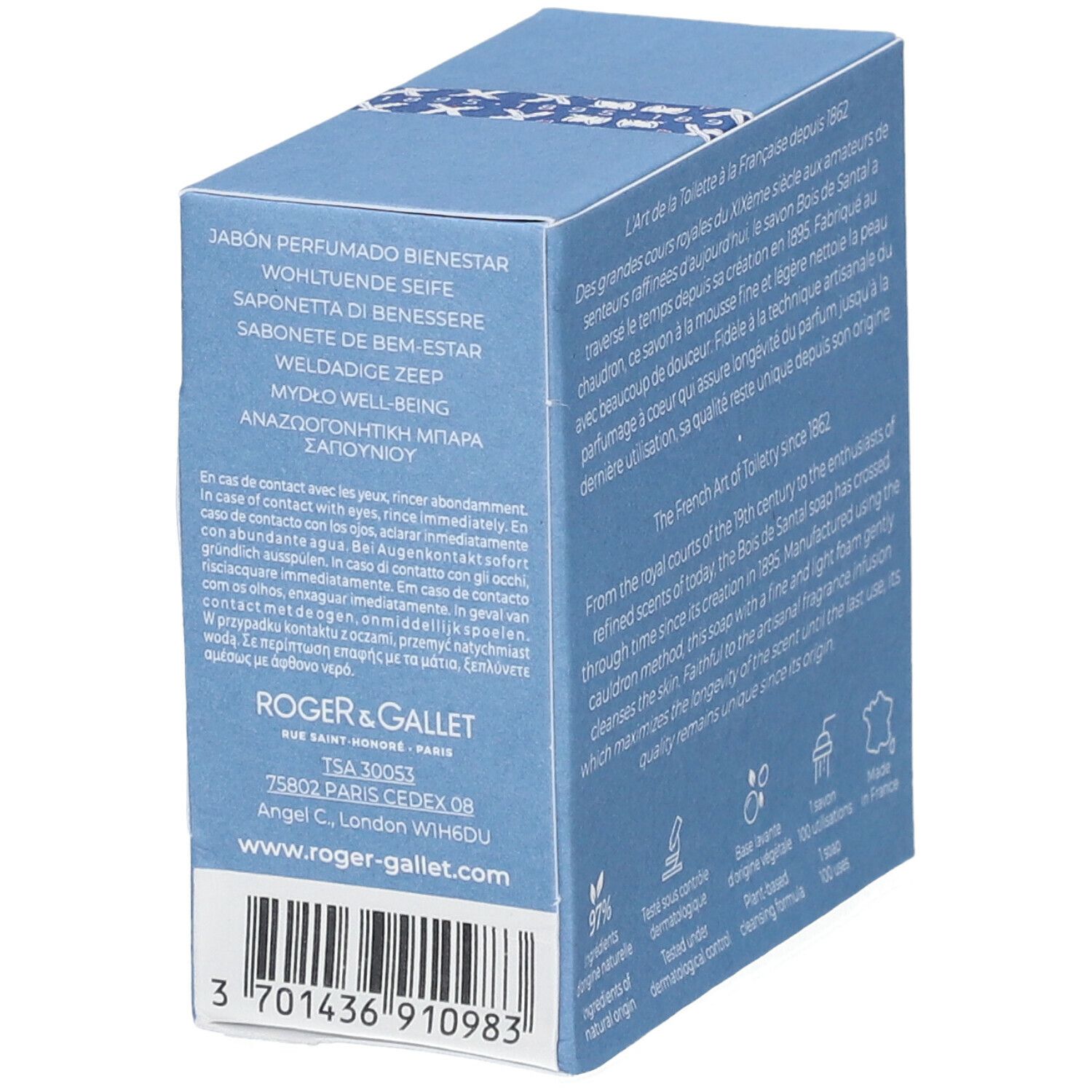 Blaue Schachtel mit Text. Enthält Informationen über die Marke, Adresse und Inhaltsstoffe. Barcode sichtbar.