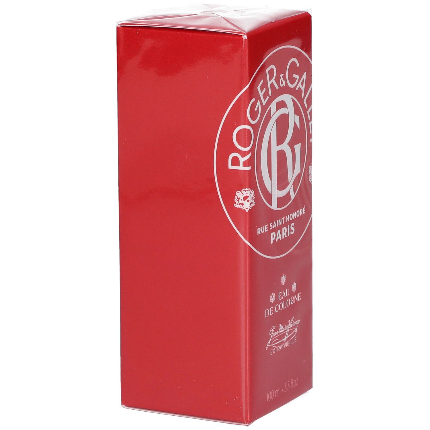 Boîte rouge Roger & Gallet. Logo et texte blancs. Eau de Cologne, Jean Marie Farina, 100 ml.