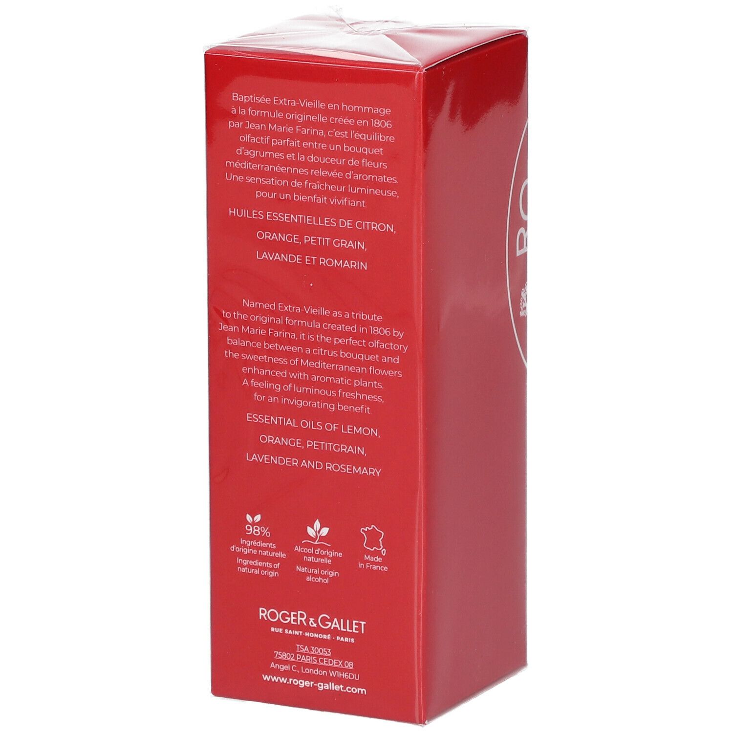 Boîte rouge Roger & Gallet. Texte et logos. Ingrédients et informations sur la marque.