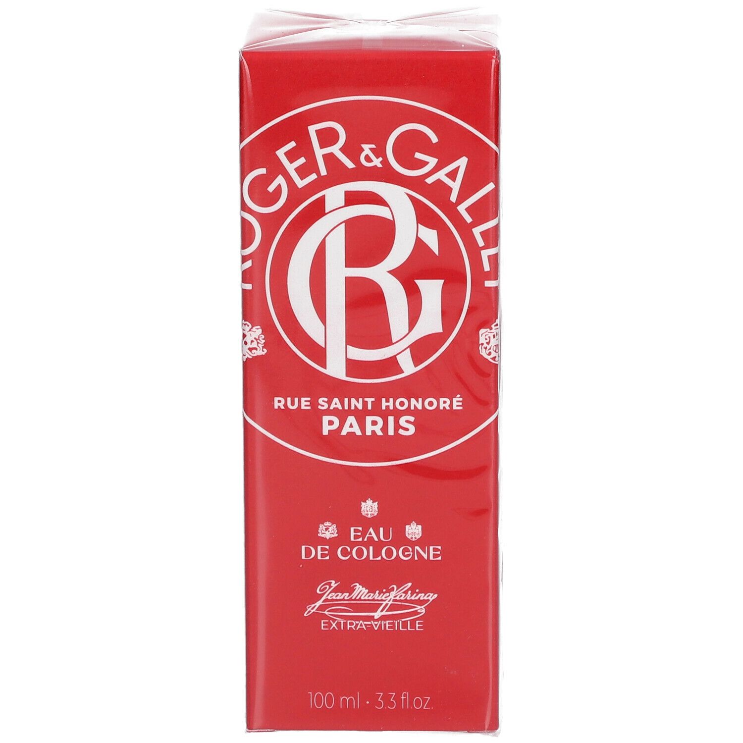 Boîte rouge Roger & Gallet. Logo et texte blancs. Eau de Cologne, Jean Marie Farina, 100 ml.