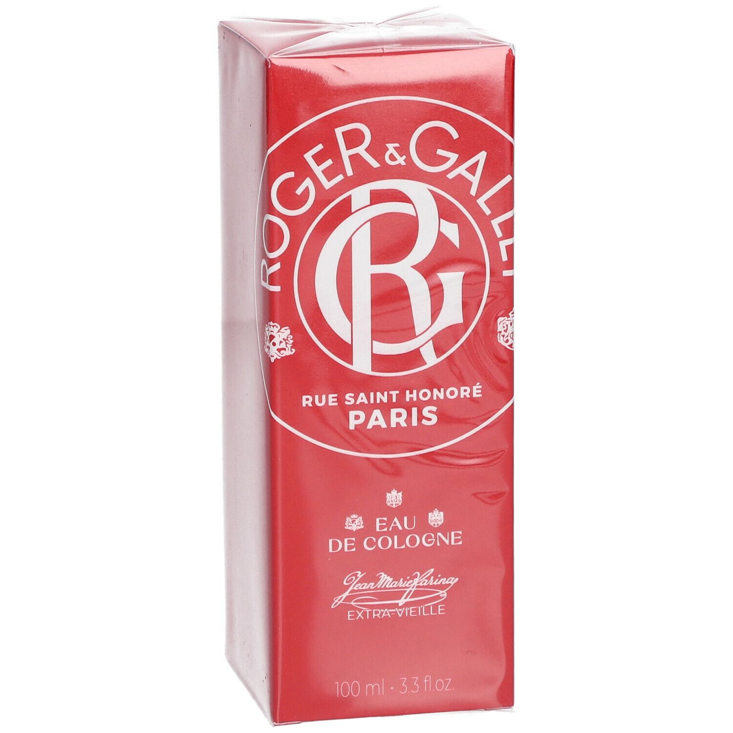 Boîte rouge Roger & Gallet. Logo et texte blancs. Eau de Cologne, Jean Marie Farina, 100 ml.
